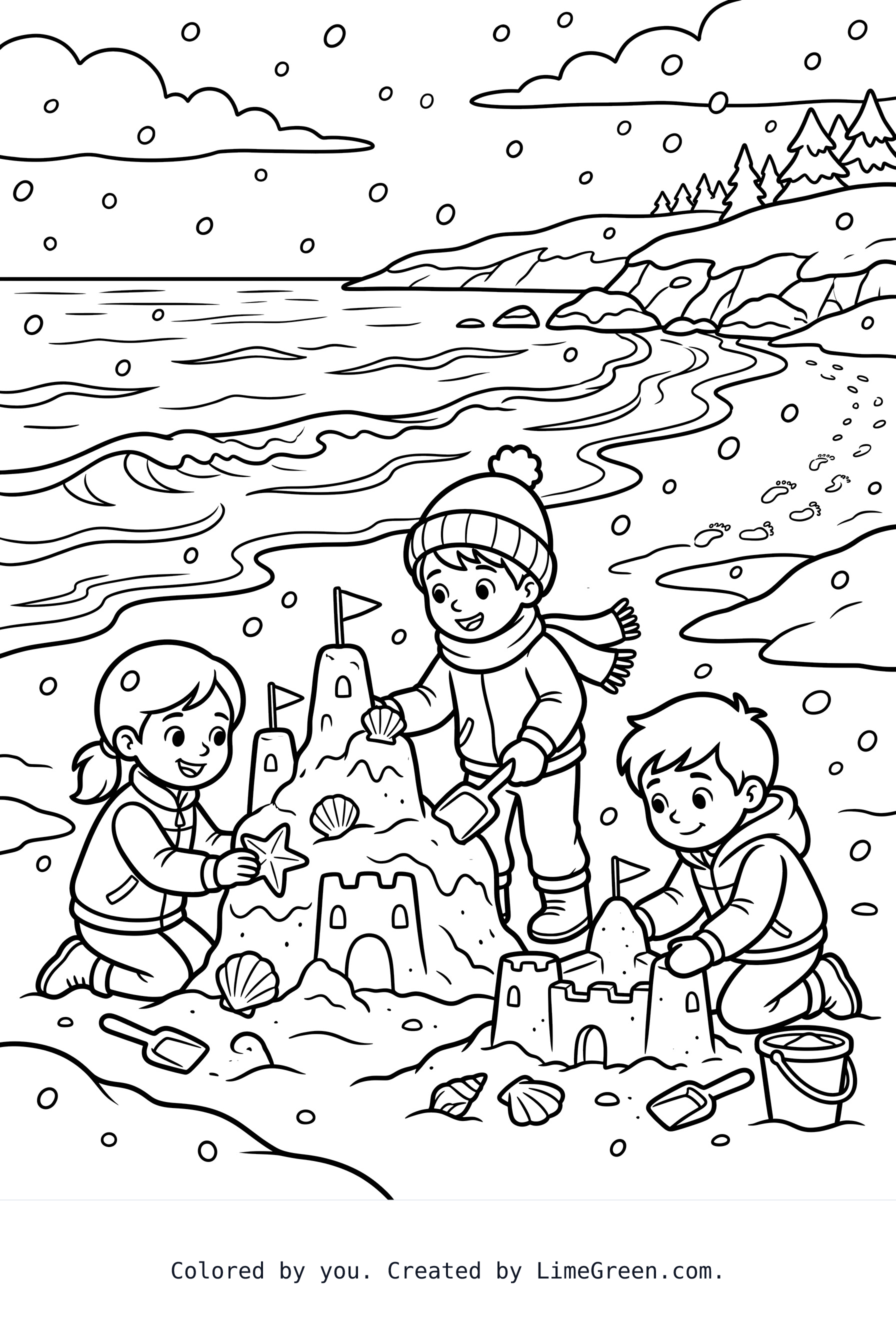 Snow falling while kids build sand castles on the beach
