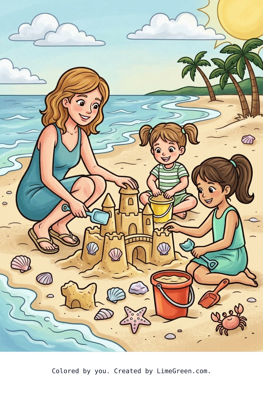 Colored preview of Two  girls with their mom playing in the sand at the beach