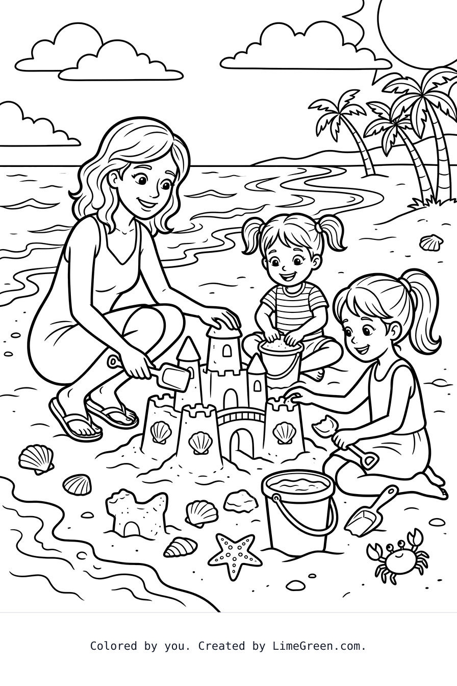 Two  girls with their mom playing in the sand at the beach