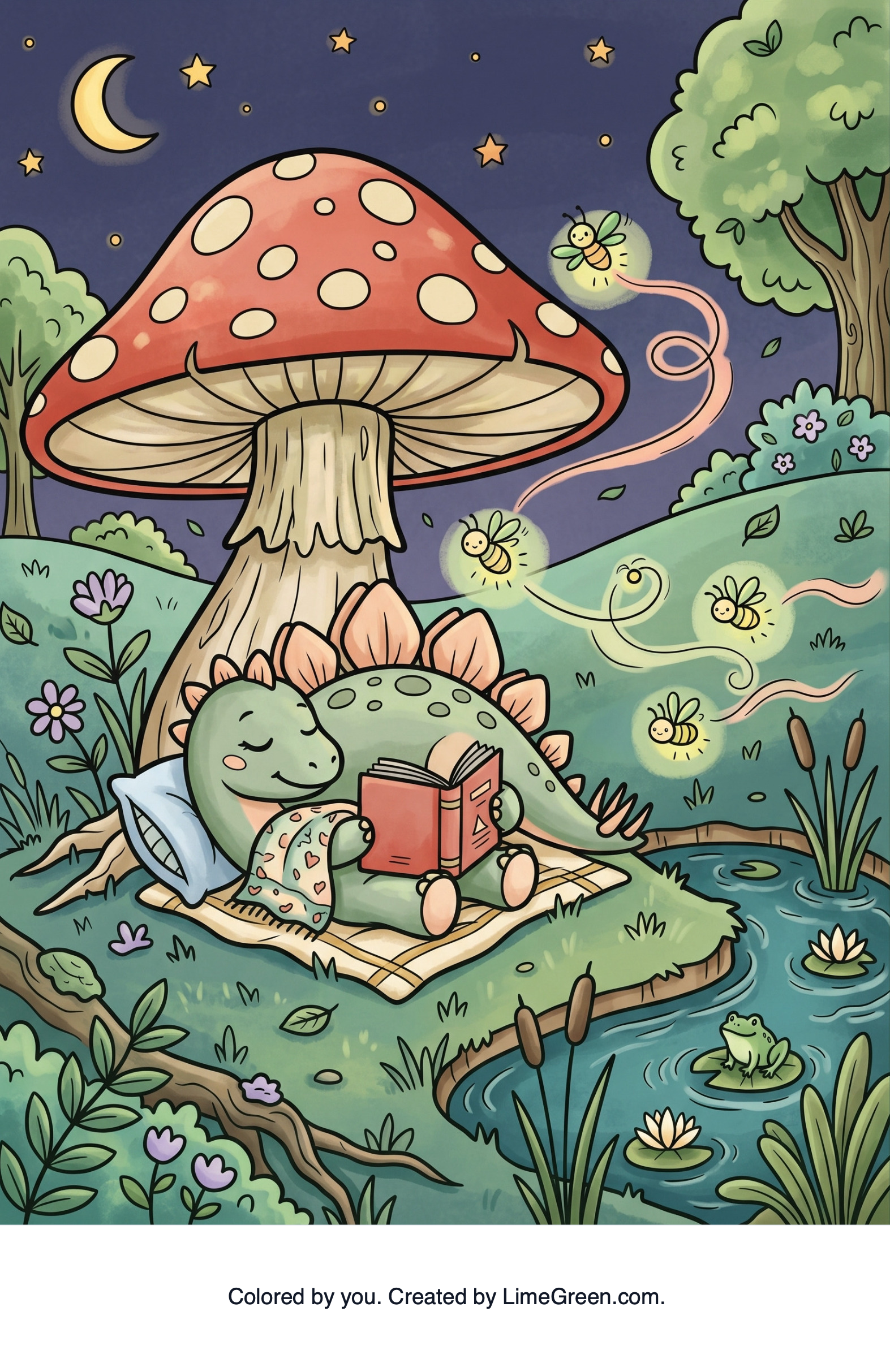 Colored preview of A sleepy dinosaur reading under a giant mushroom while fireflies glow over a tiny pond
