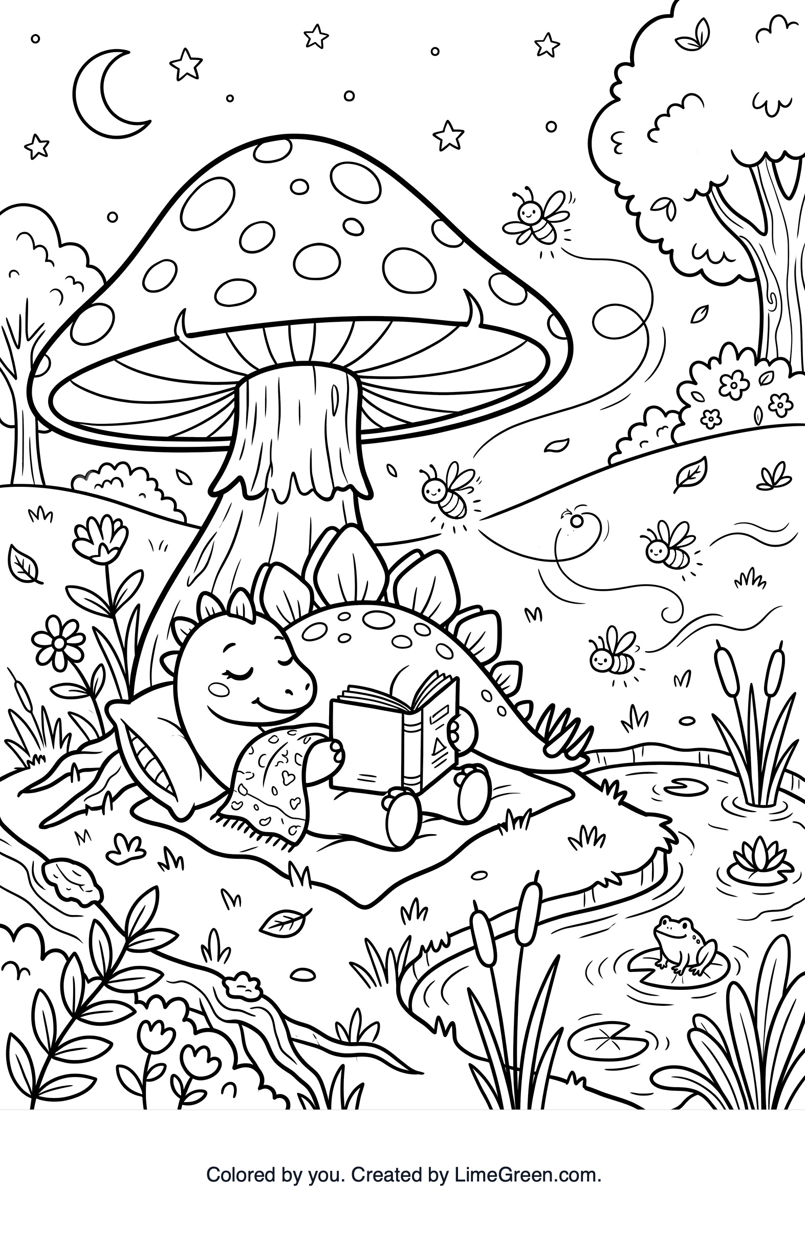 A sleepy dinosaur reading under a giant mushroom while fireflies glow over a tiny pond
