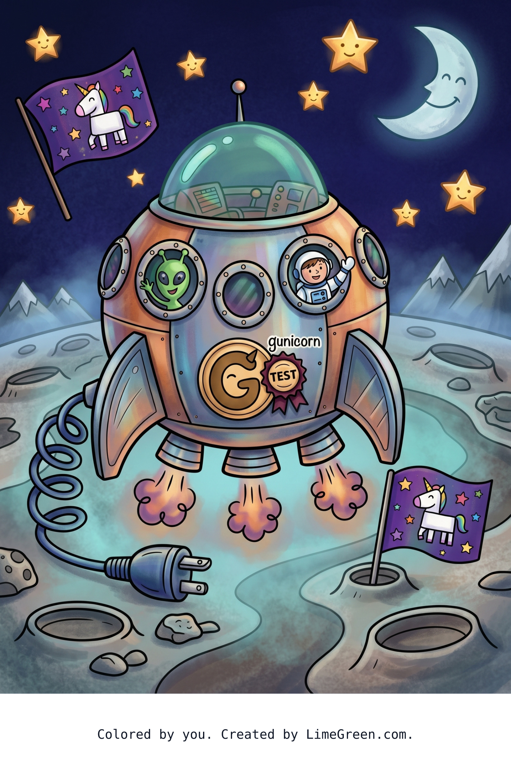 Colored preview of A spaceship landing on the moon via gunicorn unix-socket test.