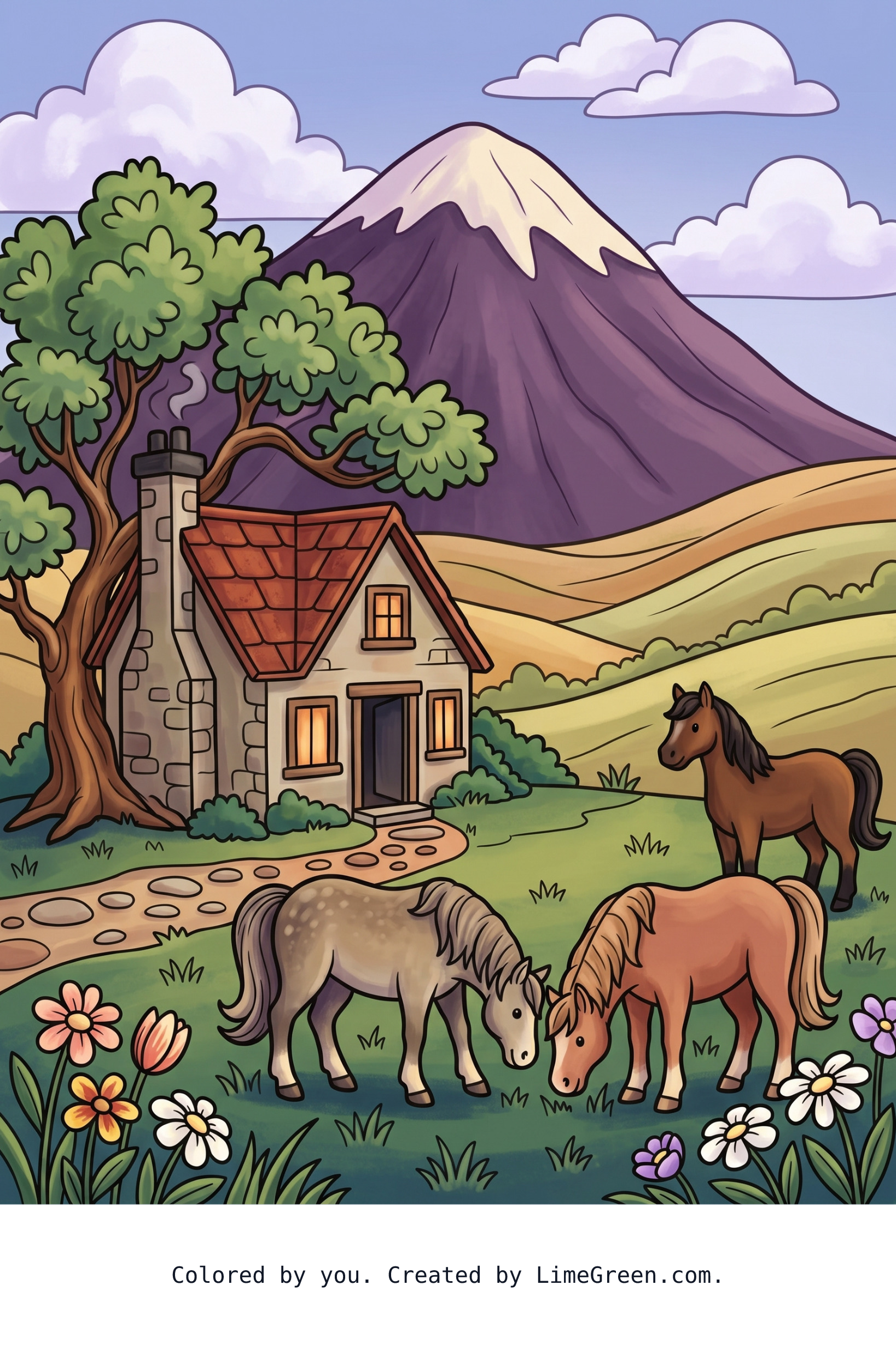 Colored preview of A cozy cottage under a mountain with a big tree and horses grazing