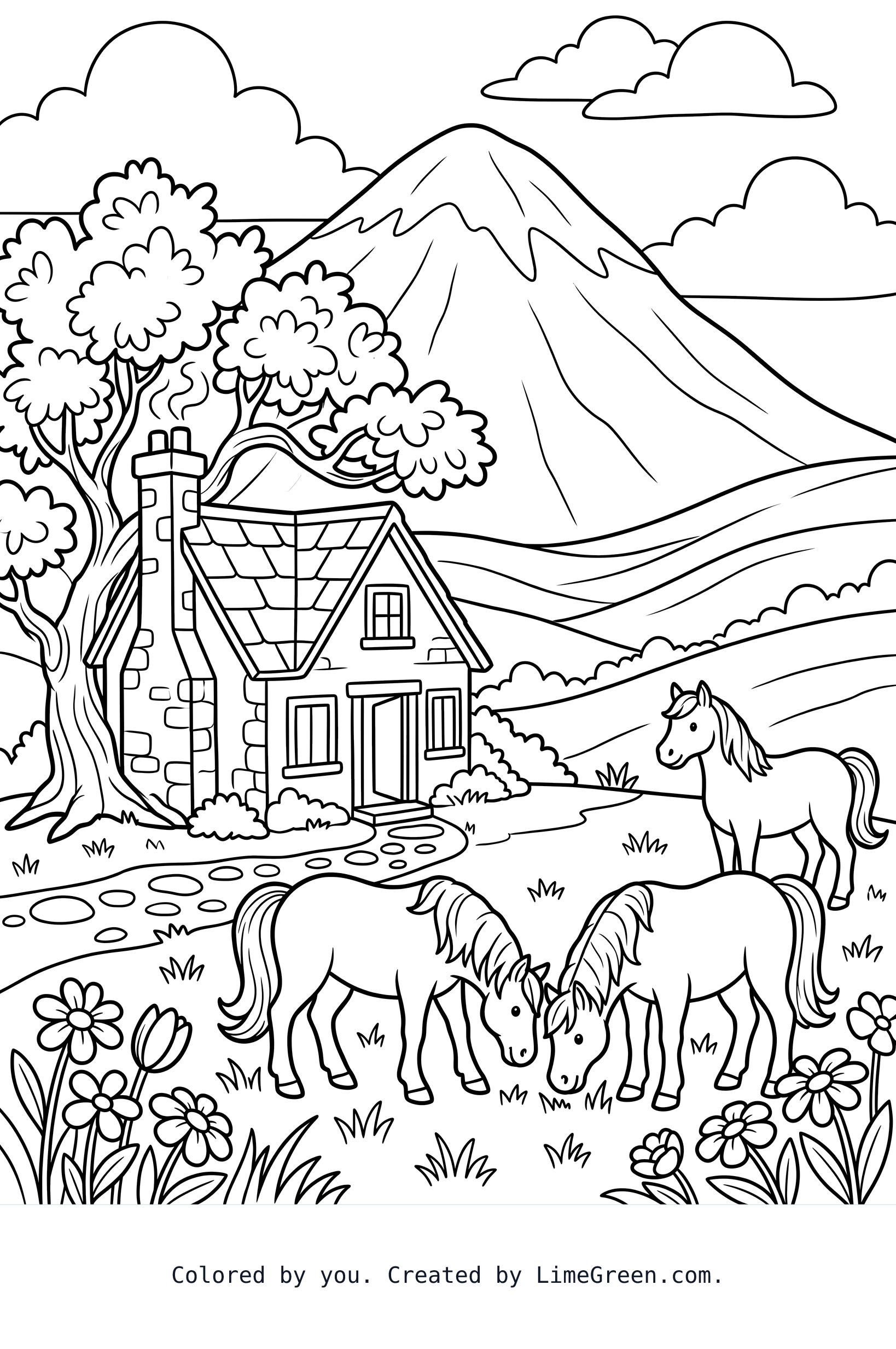 A cozy cottage under a mountain with a big tree and horses grazing