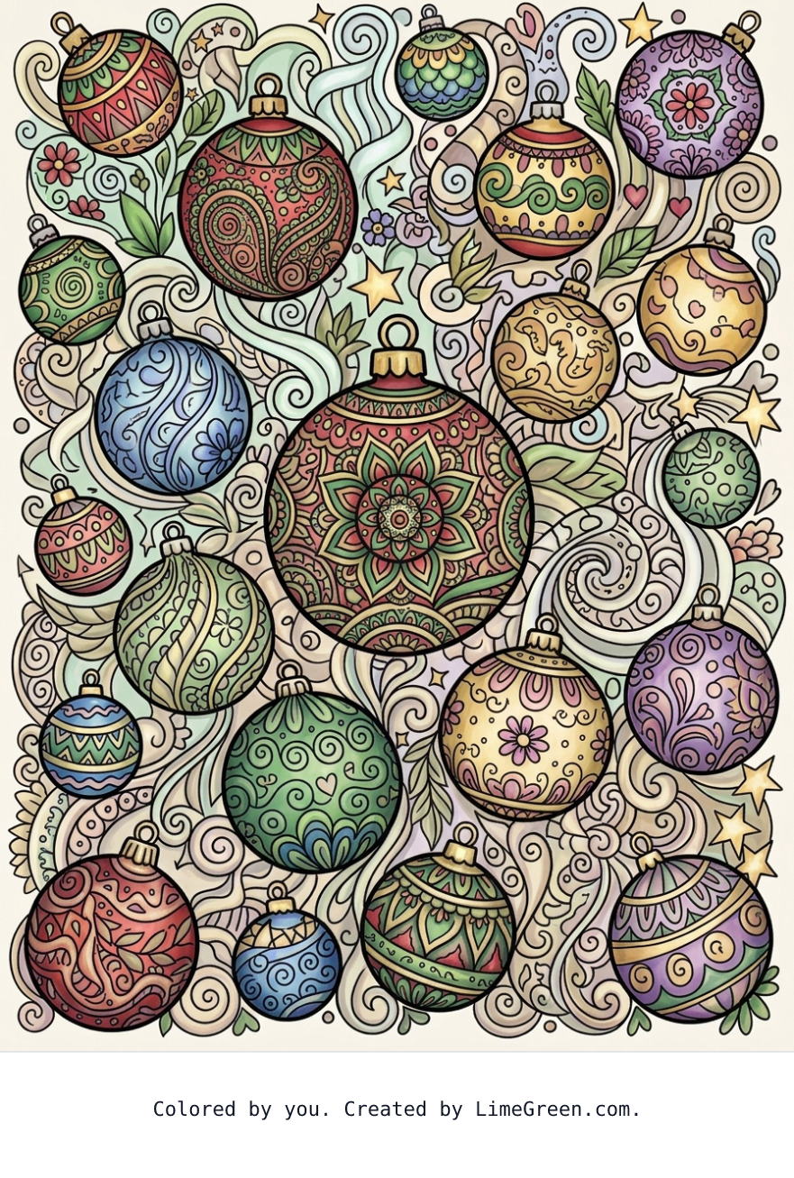 Colored preview of a zentangle style coloring page with ball ornaments scattered around in different sizes