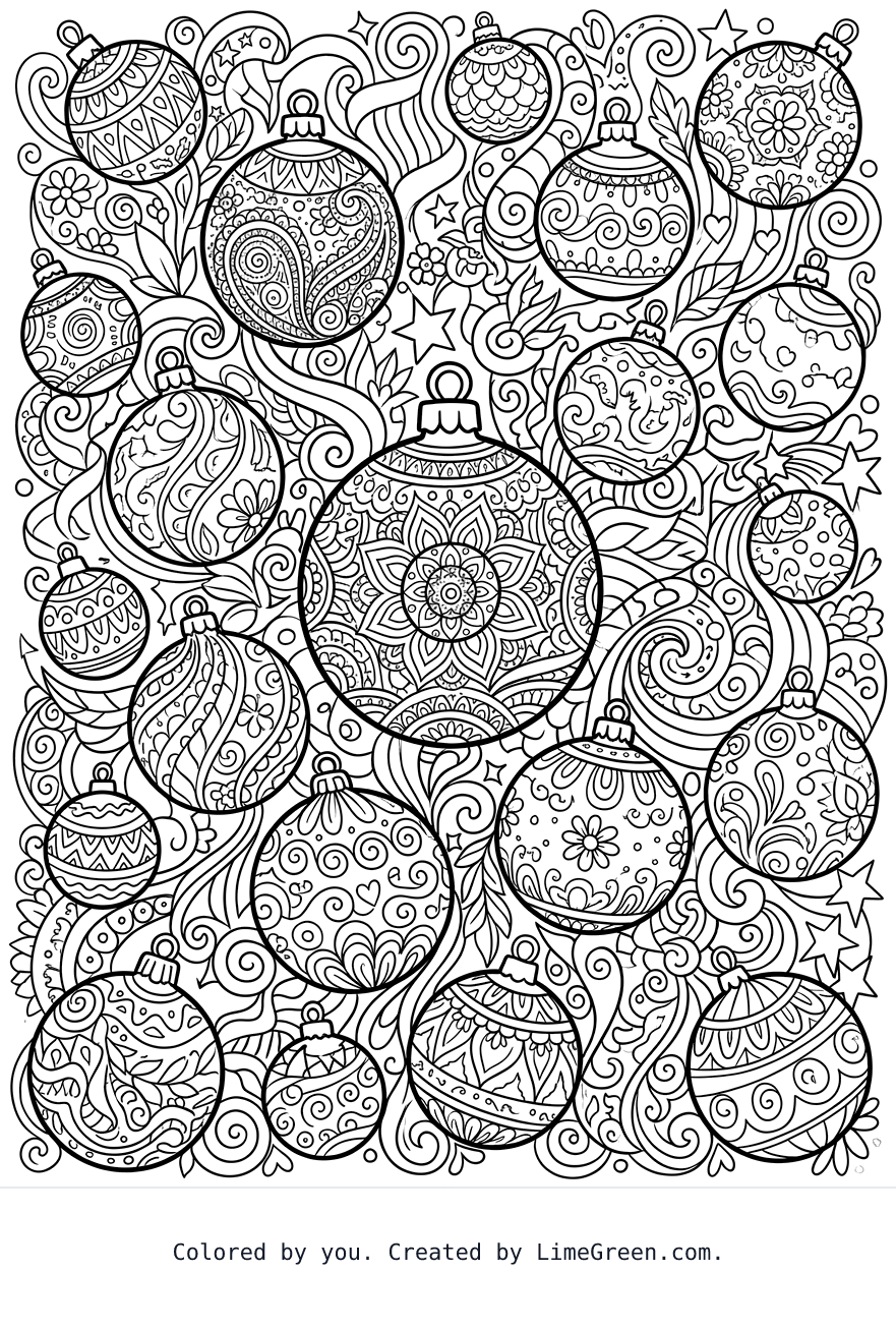a zentangle style coloring page with ball ornaments scattered around in different sizes