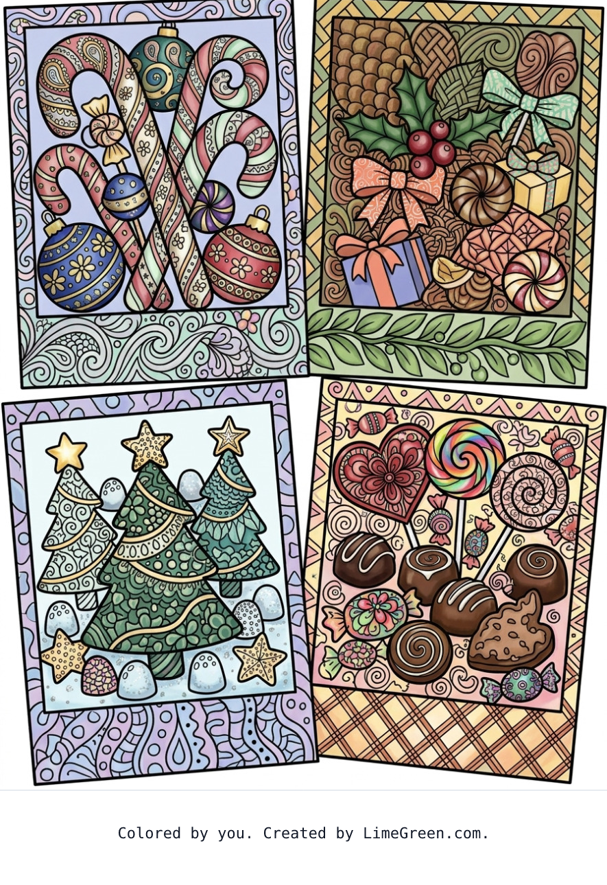 Colored preview of 4 separate photo style frames on a page, each with a unique zentangle series of christmas candy