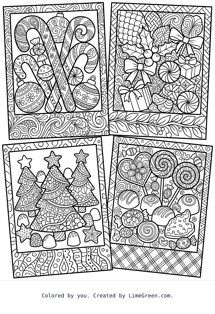 4 separate photo style frames on a page, each with a unique zentangle series of christmas candy