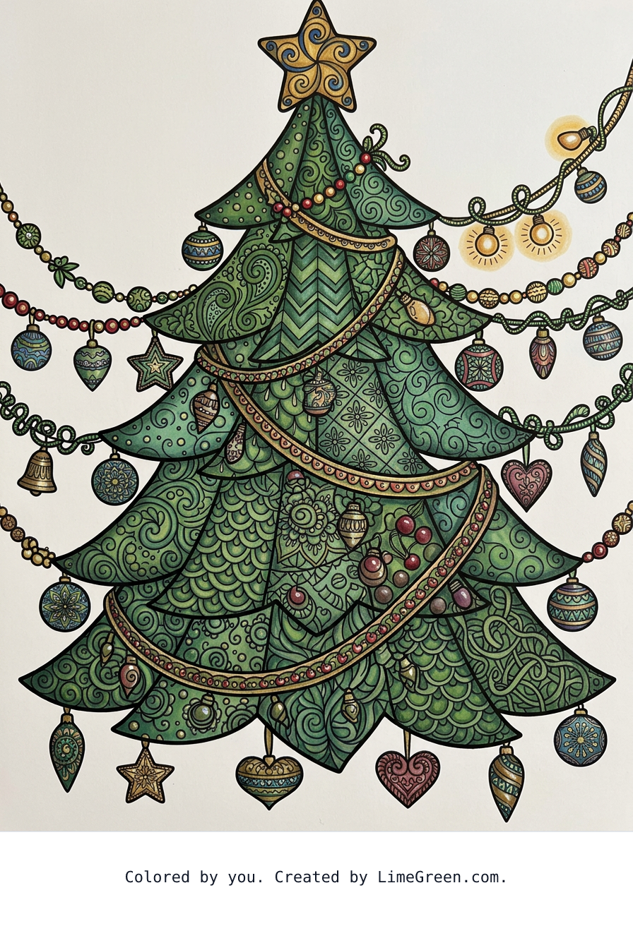 Colored preview of a zentangle style coloring page with a christmas tree decorated with garland, lights, and ornaments