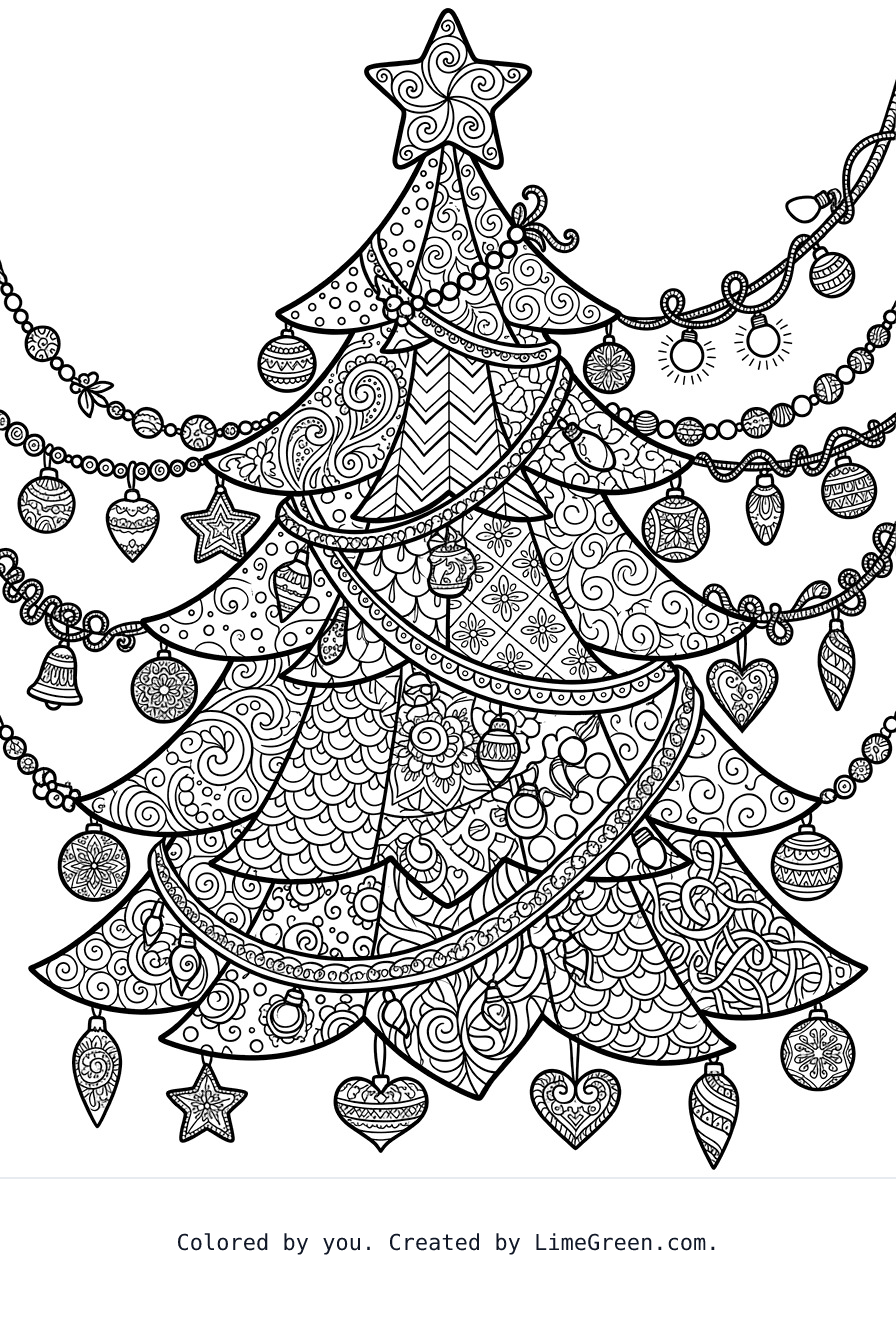 a zentangle style coloring page with a christmas tree decorated with garland, lights, and ornaments