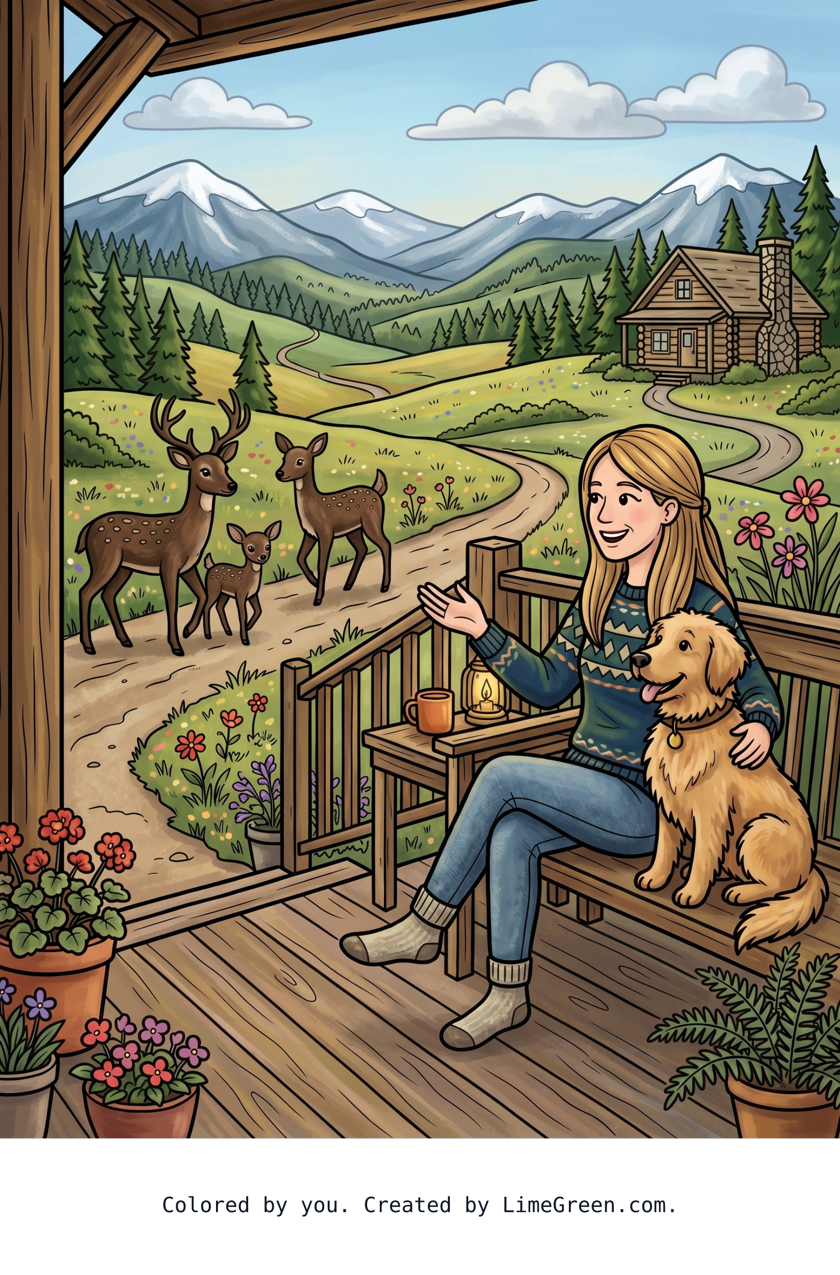 Colored preview of A 40ish yr old long straight hair woman with her medium sized fluffy dog sitting on the porch watching deers walk by at the mountain side home