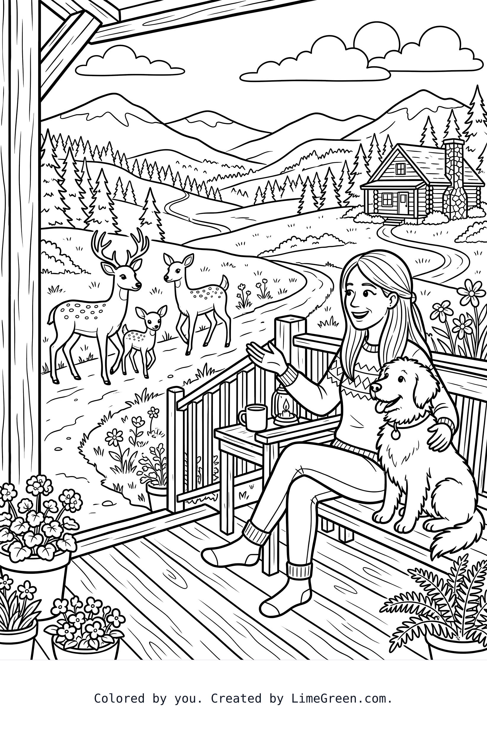 A 40ish yr old long straight hair woman with her medium sized fluffy dog sitting on the porch watching deers walk by at the mountain side home