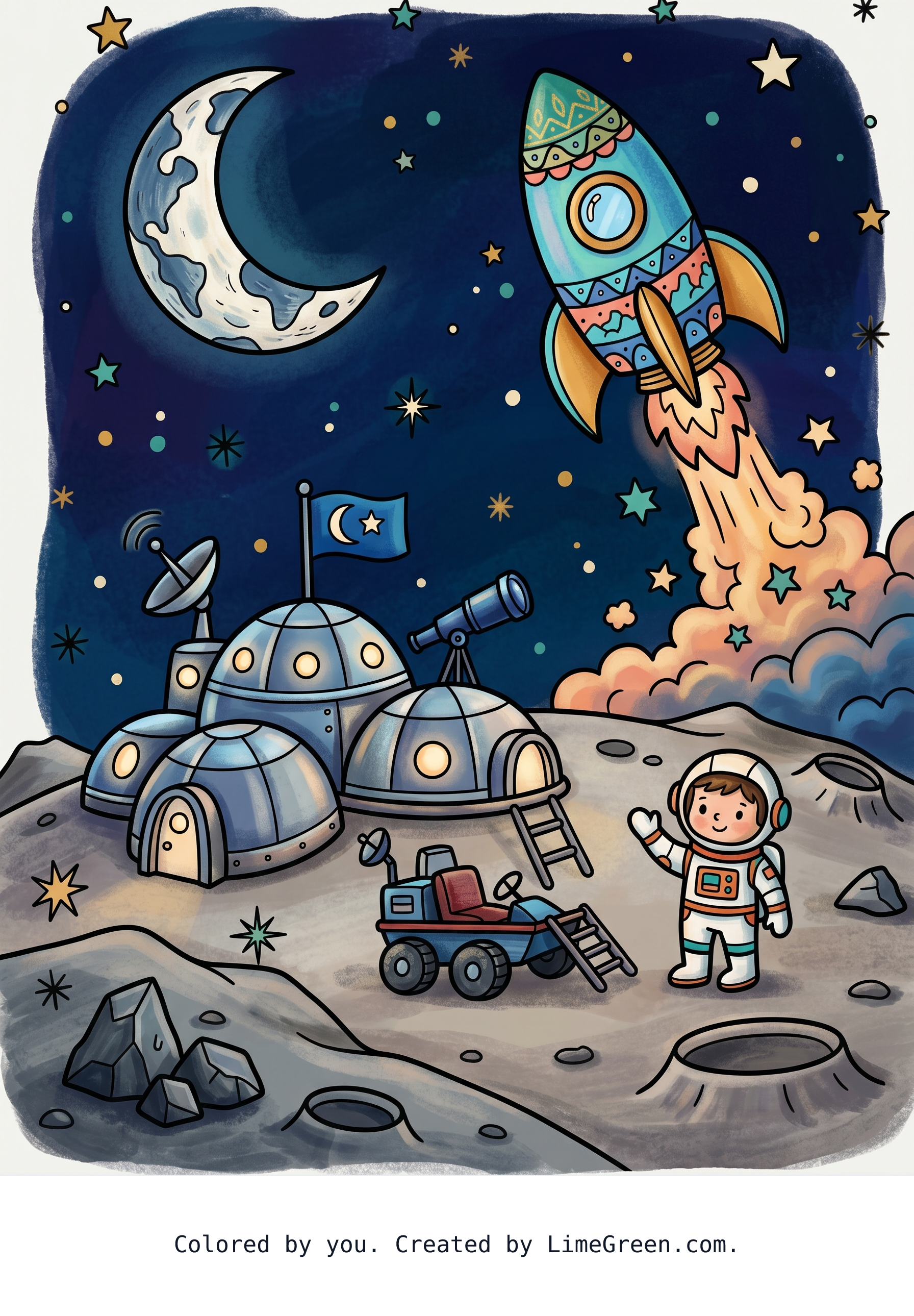 Colored preview of A rocket lifting off beside a moon base.