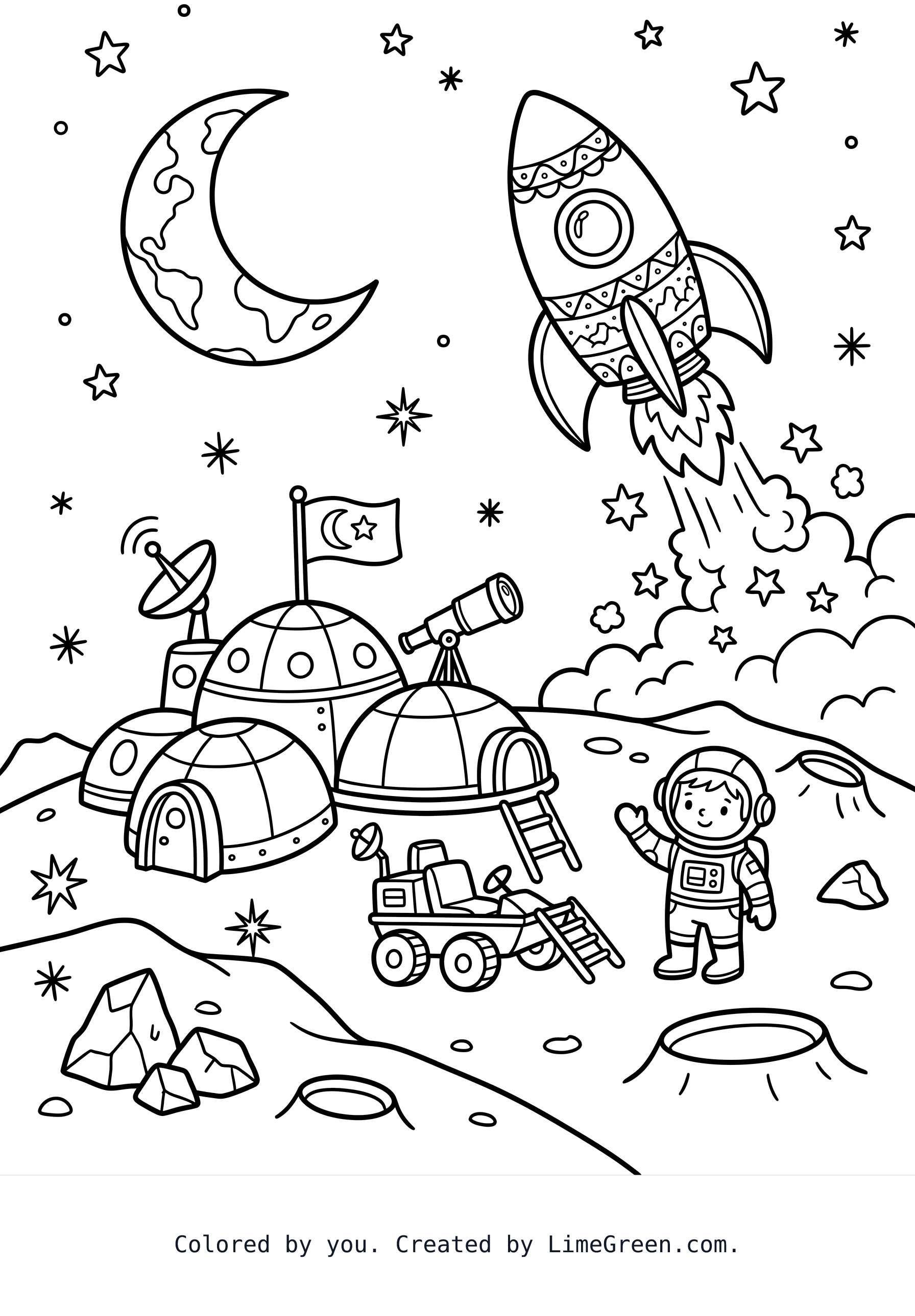 A rocket lifting off beside a moon base.