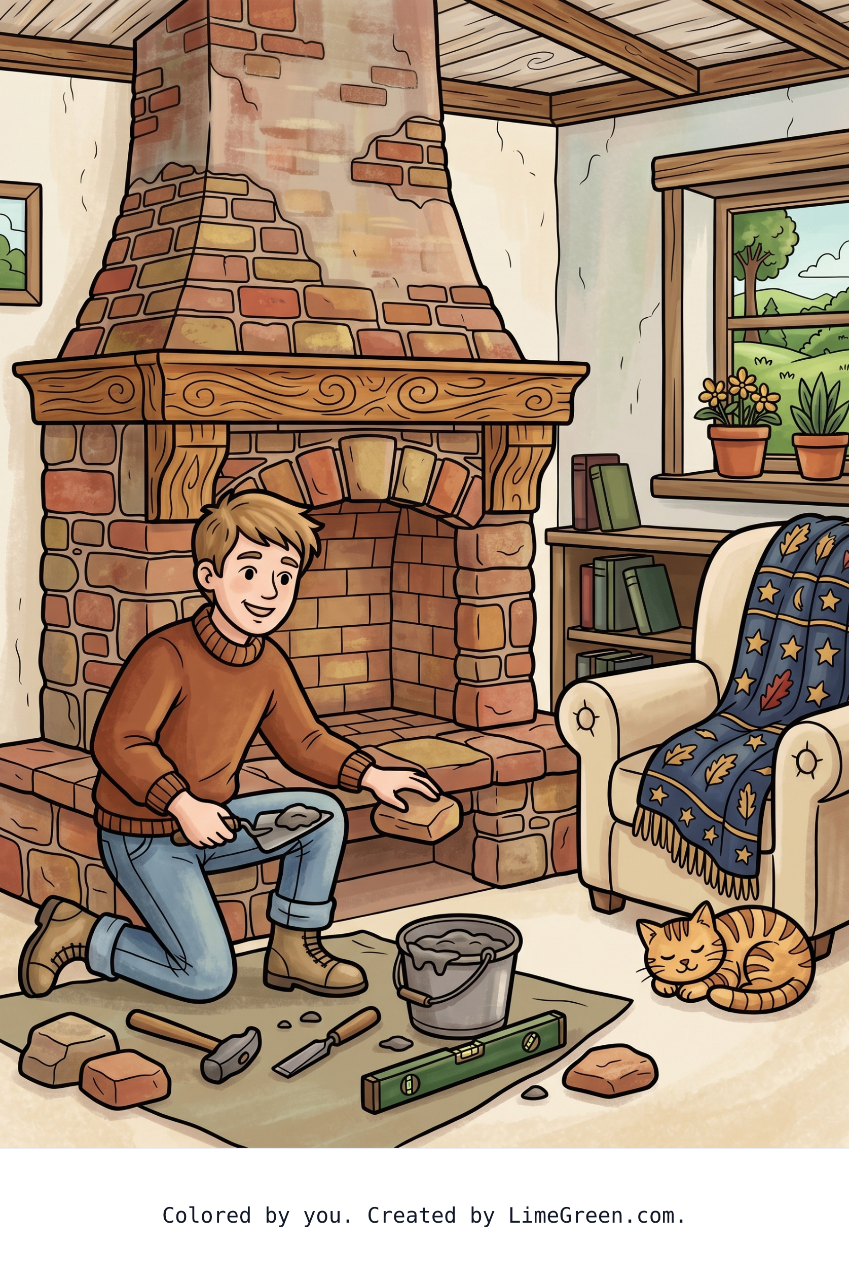 Colored preview of A young man who is a master fireplace craftsman creating a grand fireplace in a comfortable country home