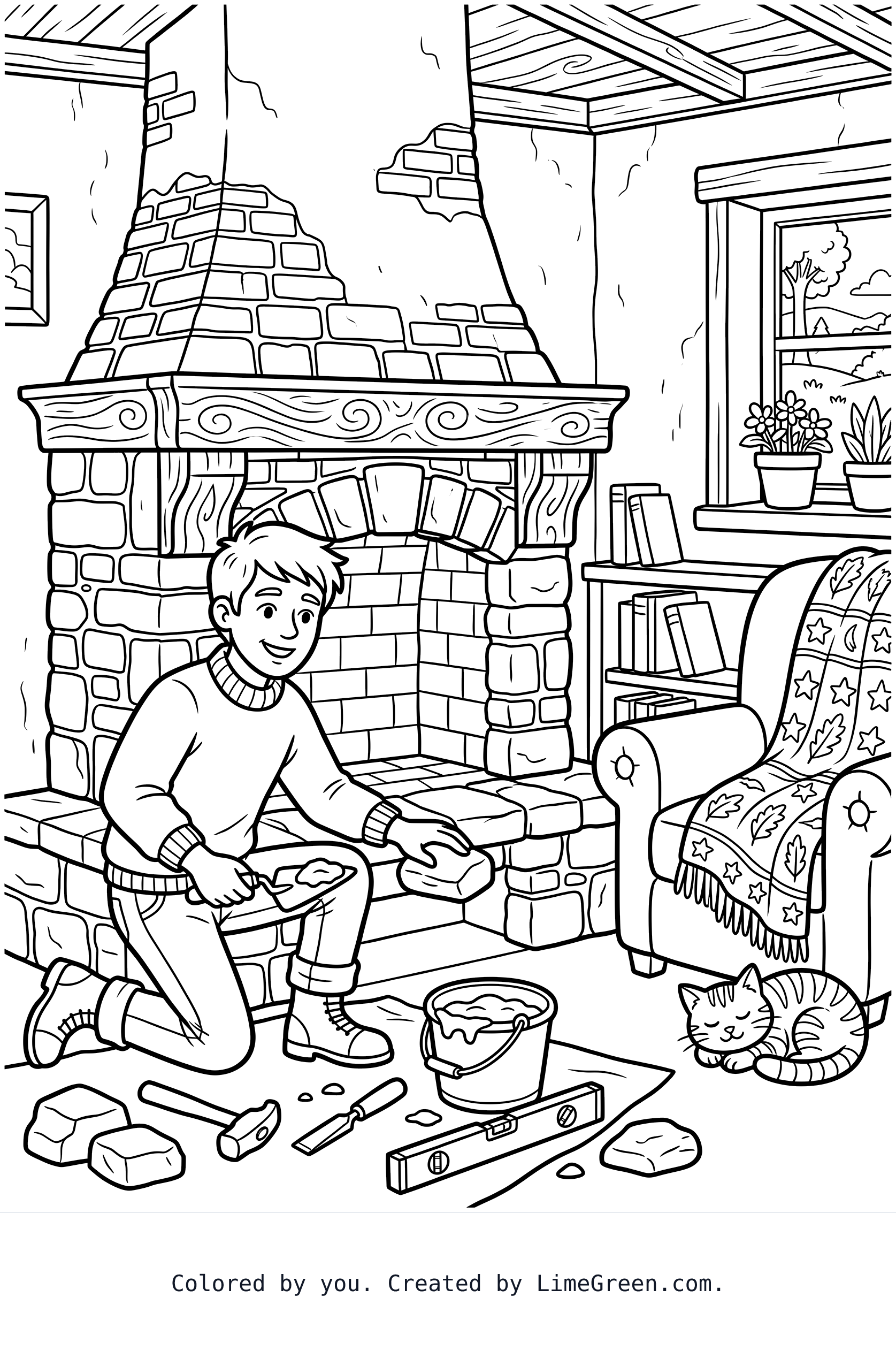 A young man who is a master fireplace craftsman creating a grand fireplace in a comfortable country home