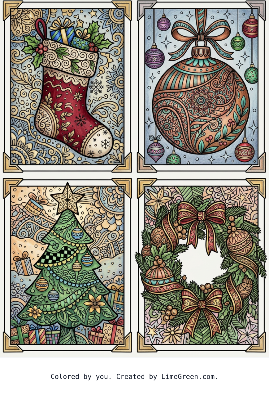 Colored preview of 4 separate photo style frames on a page, each with a unique zentangle scene. One frame will have a christmas stocking. One frame will have a christmas ornament. One frame will have a christmas tree. One frame will have a christmas wreath.