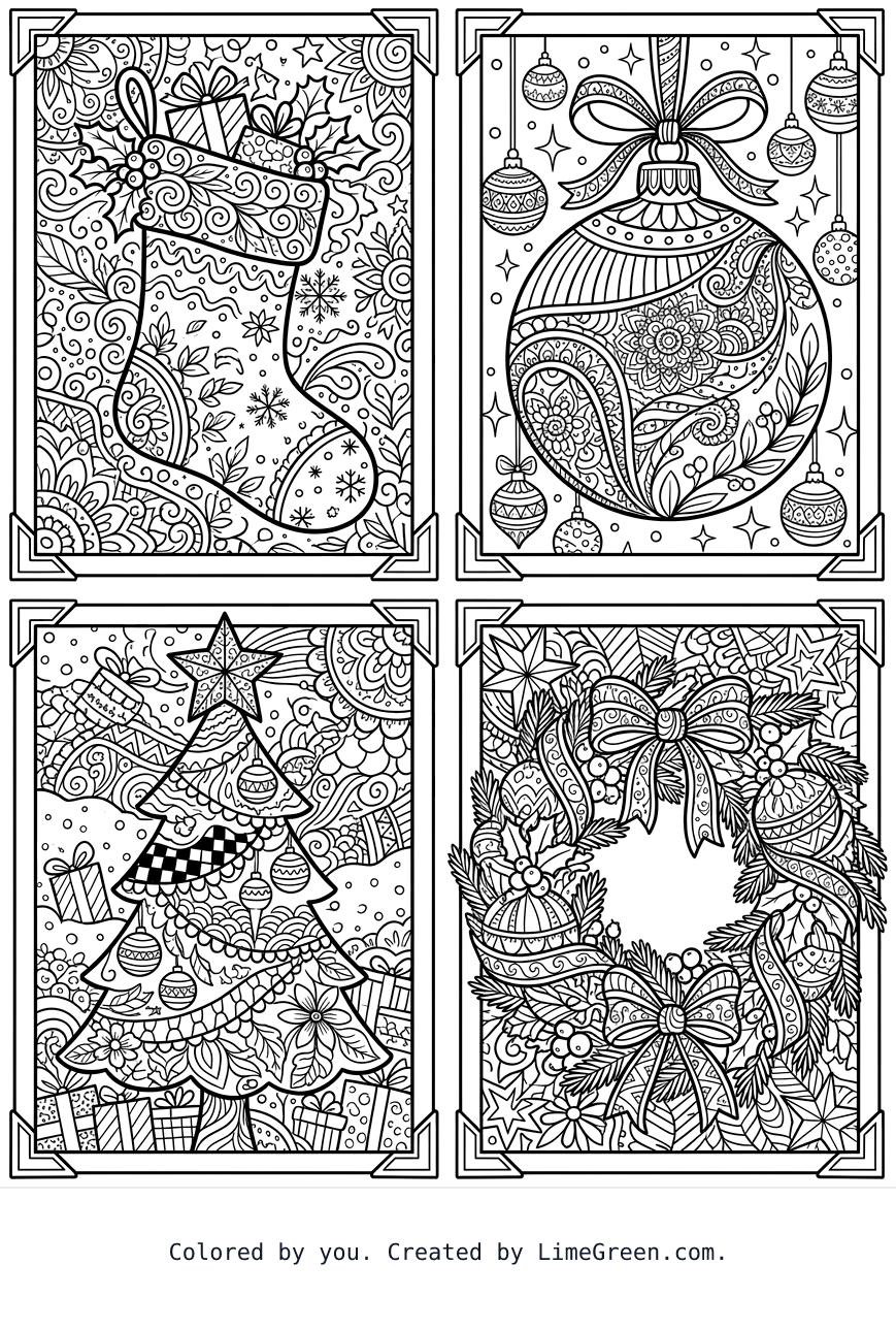 4 separate photo style frames on a page, each with a unique zentangle scene. One frame will have a christmas stocking. One frame will have a christmas ornament. One frame will have a christmas tree. One frame will have a christmas wreath.