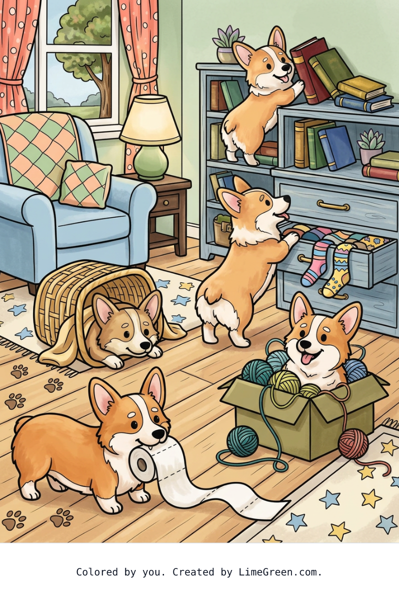 Colored preview of Adorable corgis making mischief