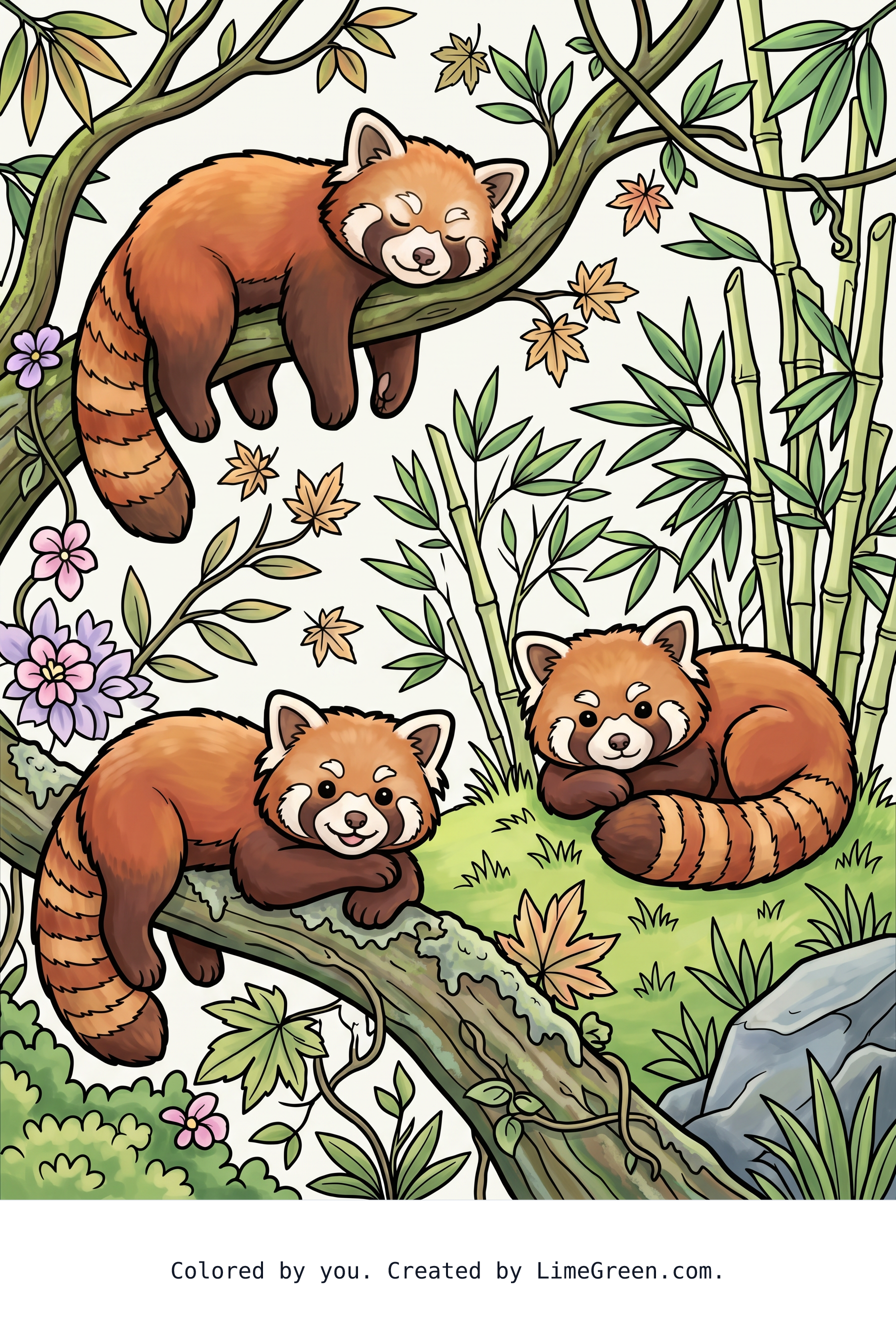 Colored preview of Three red pandas lounging around