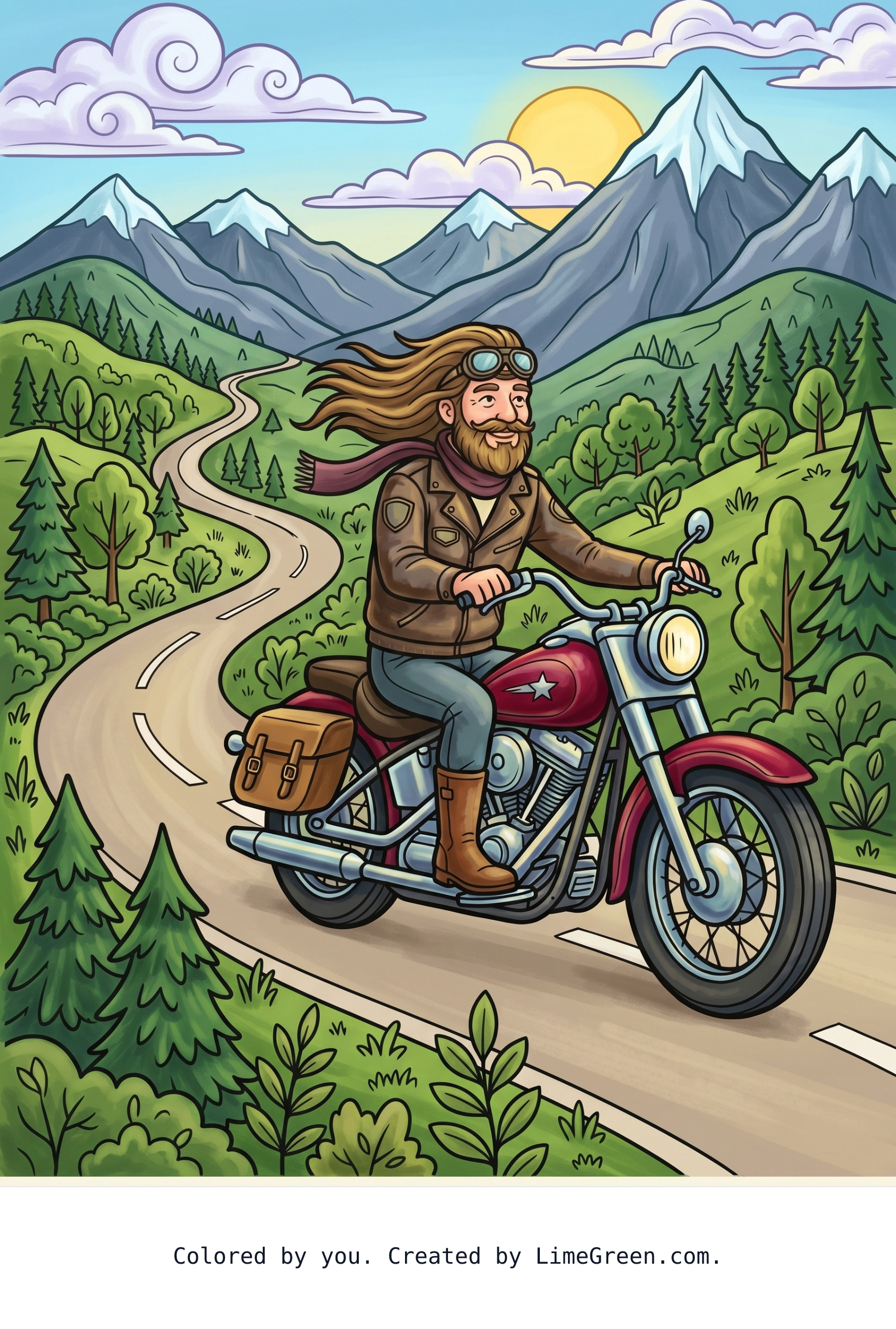 Colored preview of An older long hair man riding his motorcycle thru the mountain roads