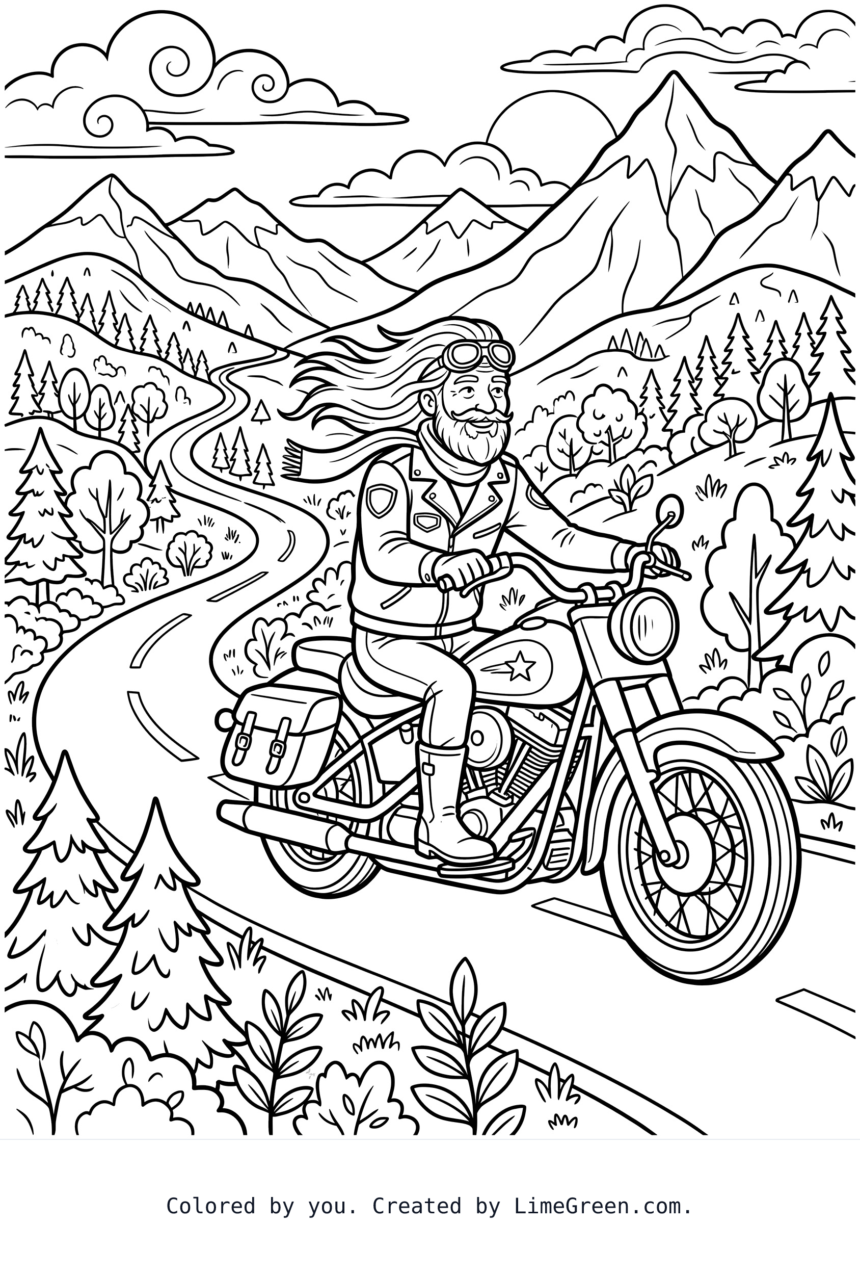An older long hair man riding his motorcycle thru the mountain roads