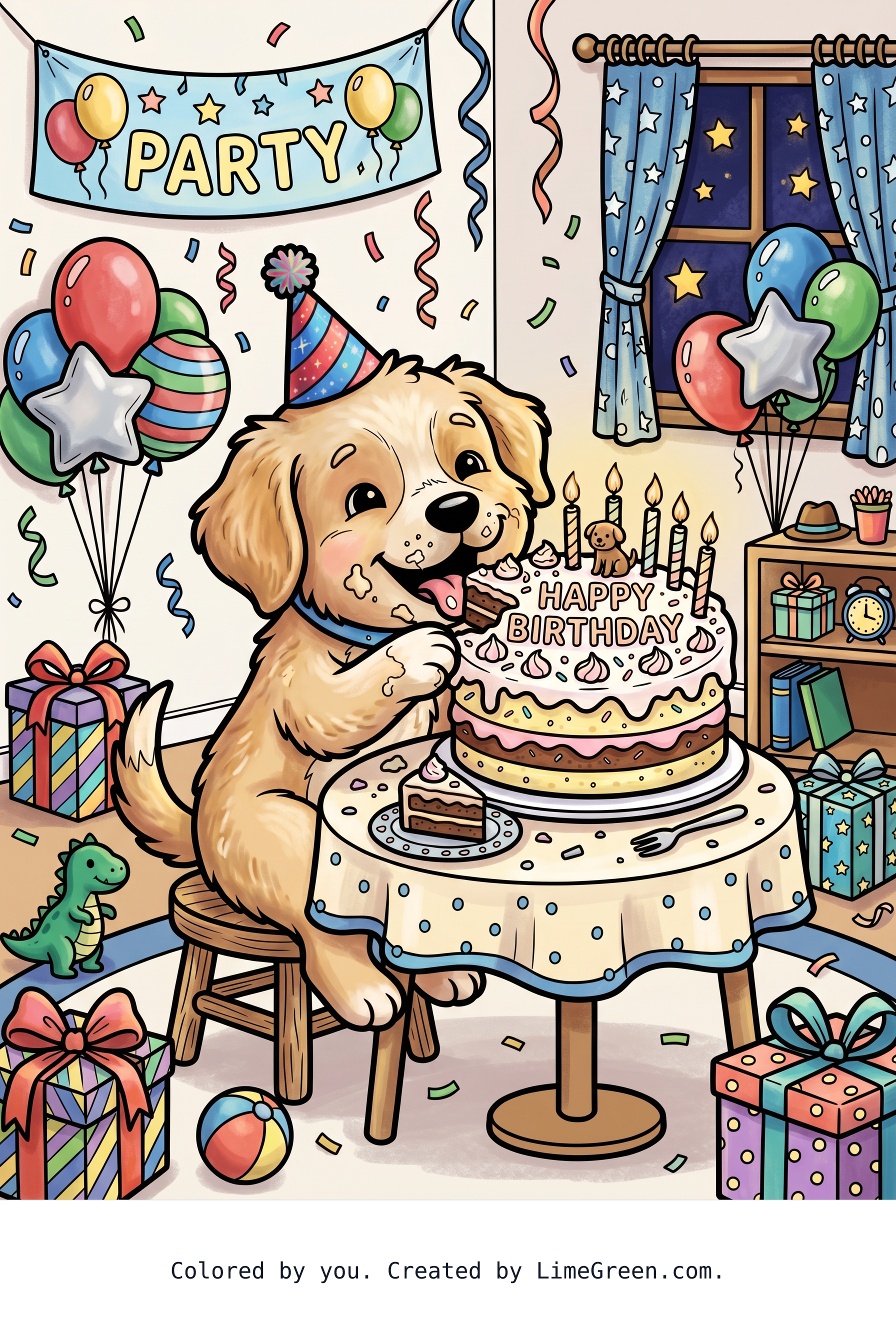 Colored preview of A cute puppy eating a birthday cake with a birthday scene in the background