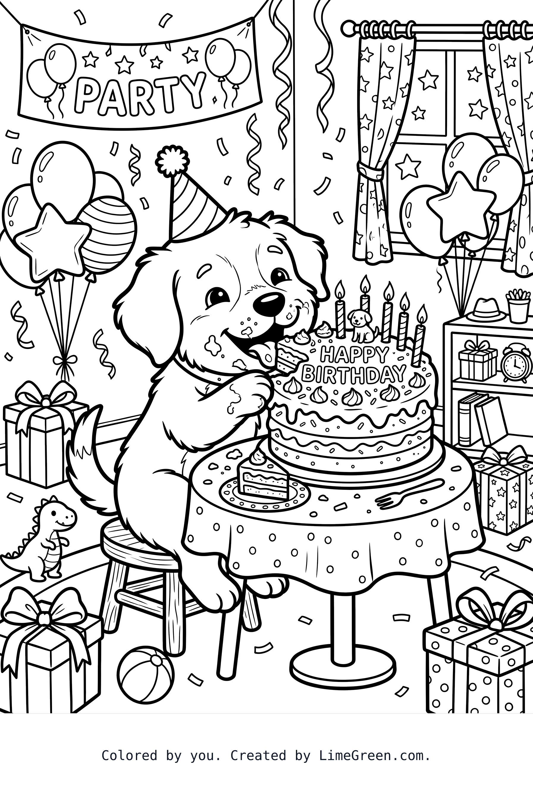 A cute puppy eating a birthday cake with a birthday scene in the background