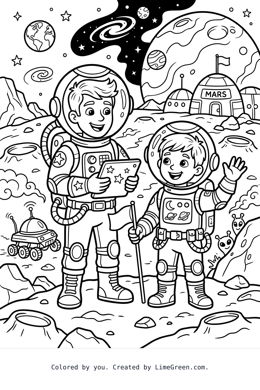 Printable Two brothers on a space mission to Mars. coloring page