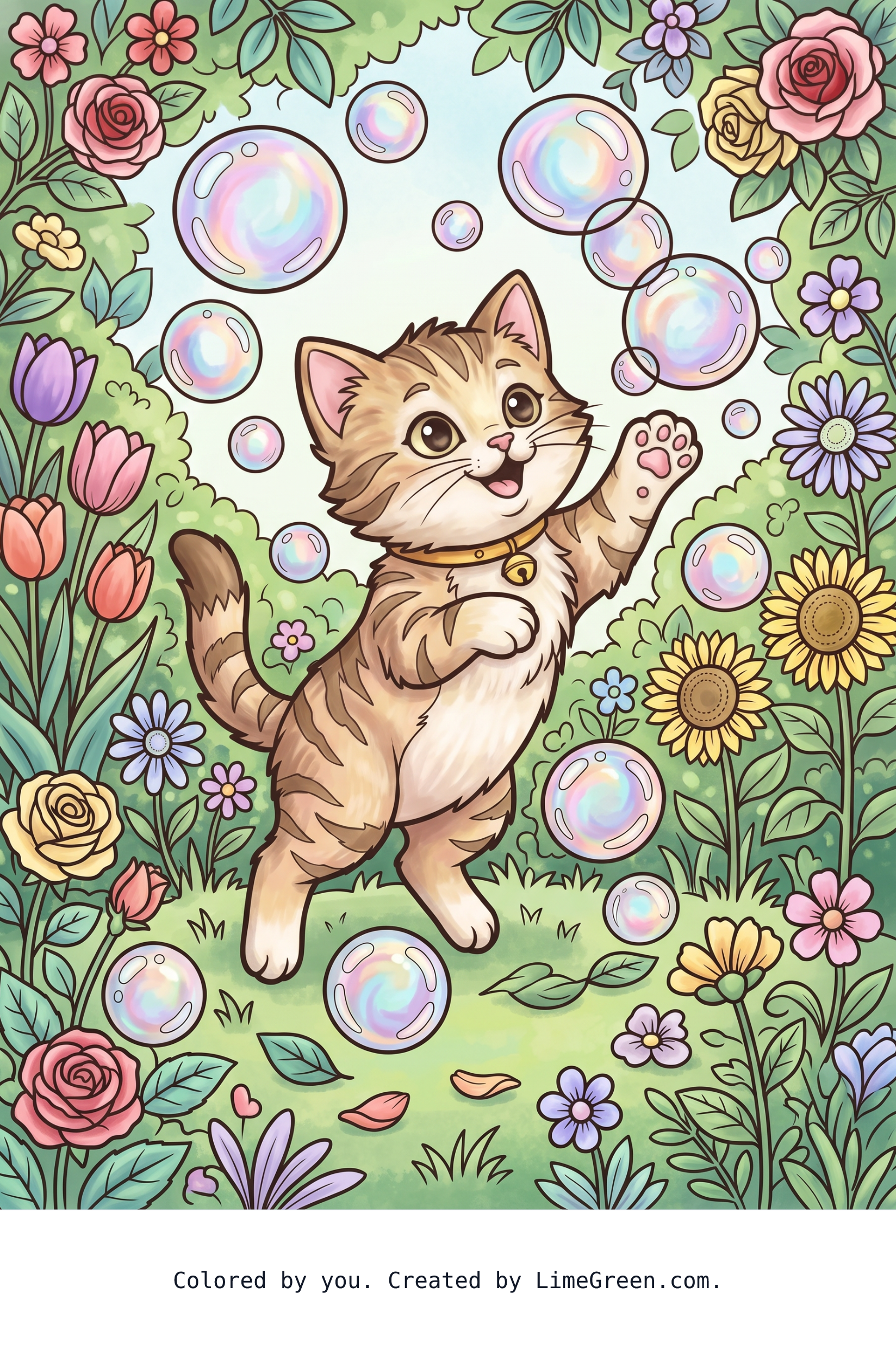 Colored preview of A kitten playing with bubbles in a flower garden