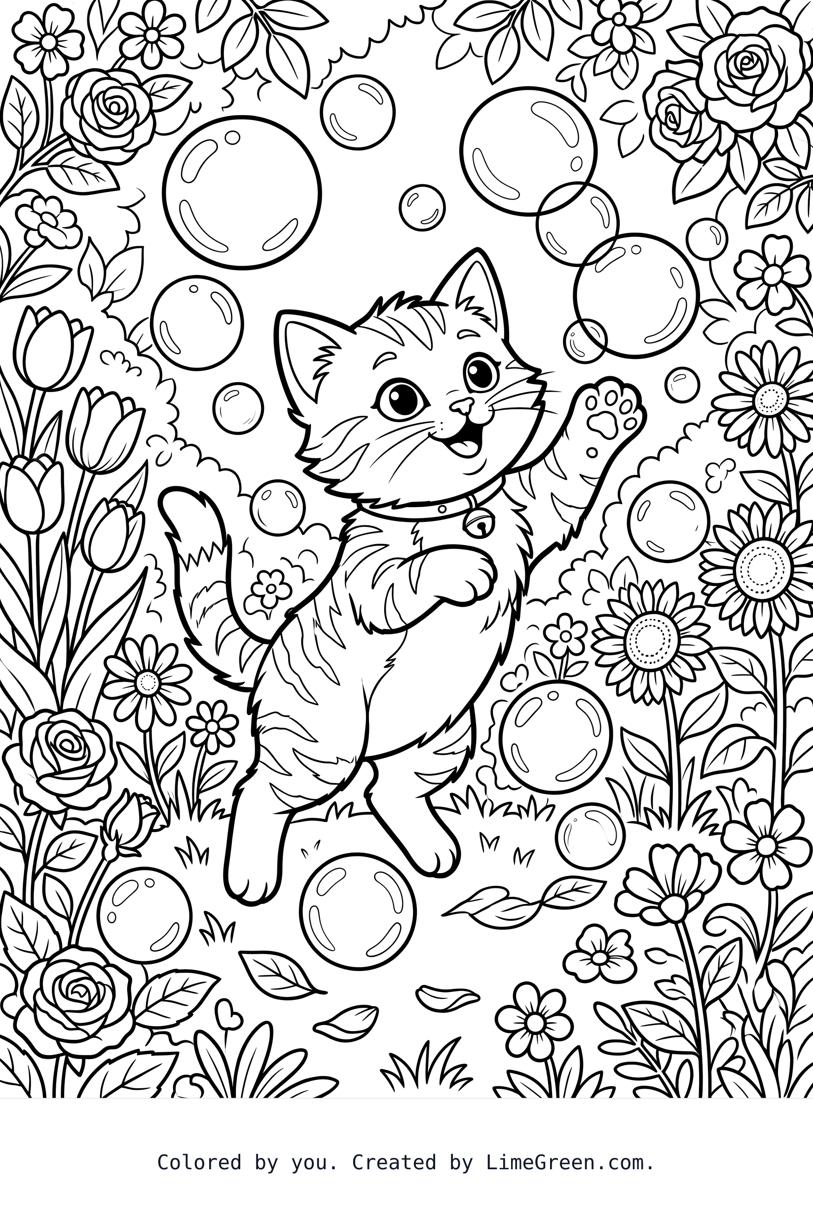 A kitten playing with bubbles in a flower garden