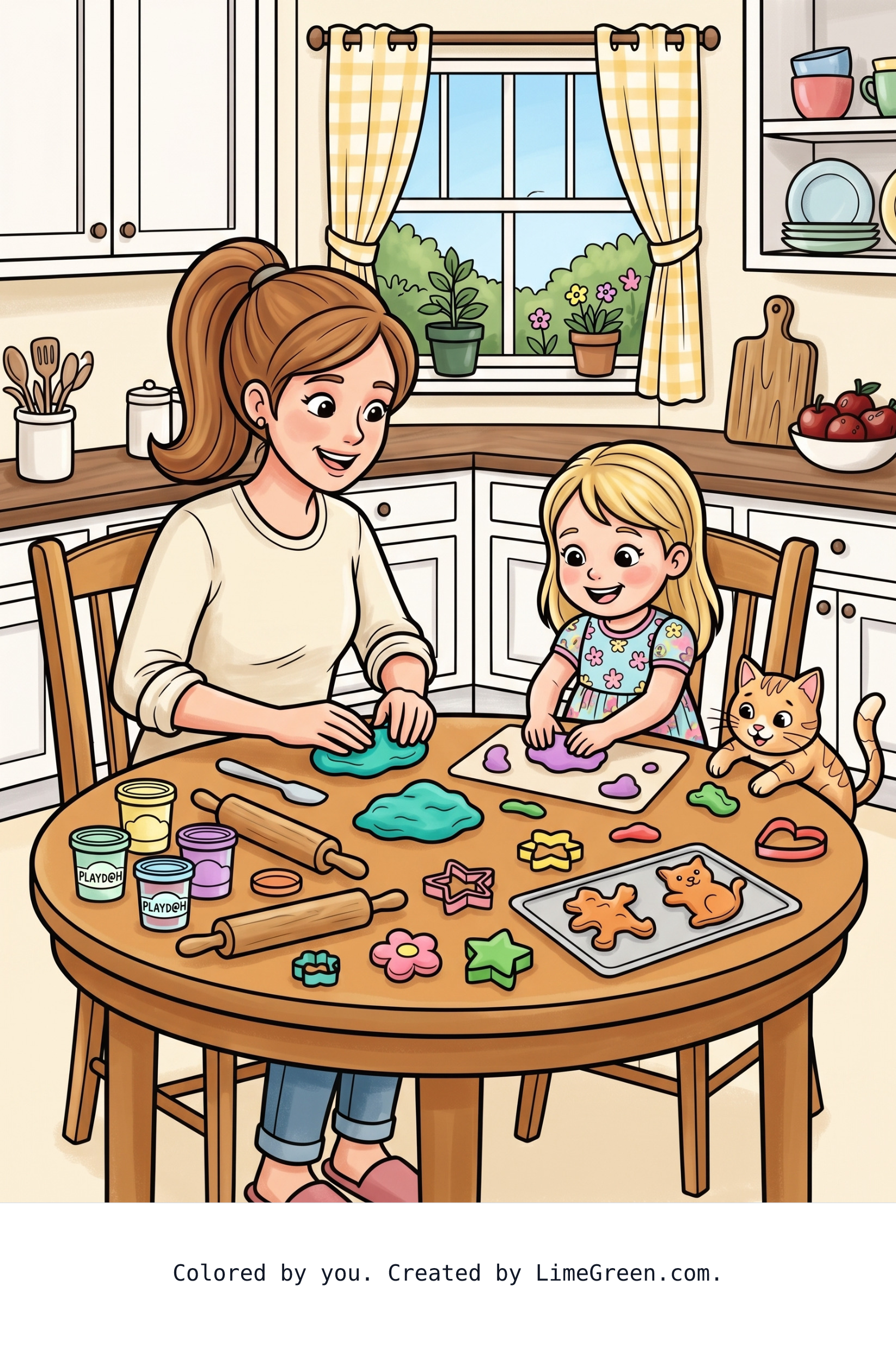 Colored preview of A beautiful young mom whose hair is in a ponytail is sitting in her roomy kitchen at there round dining table with her 4yr old daughter as there working on playdoh crafts together with there young cat trying to also get into the craft makings