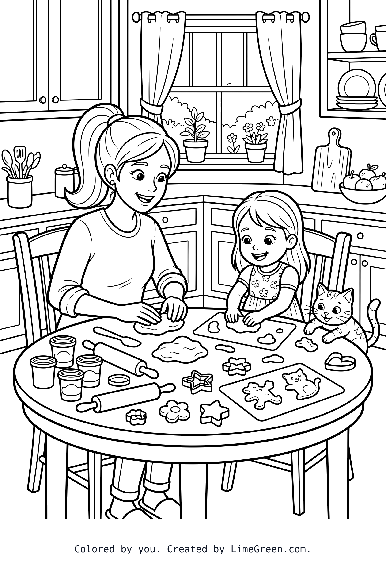 A beautiful young mom whose hair is in a ponytail is sitting in her roomy kitchen at there round dining table with her 4yr old daughter as there working on playdoh crafts together with there young cat trying to also get into the craft makings