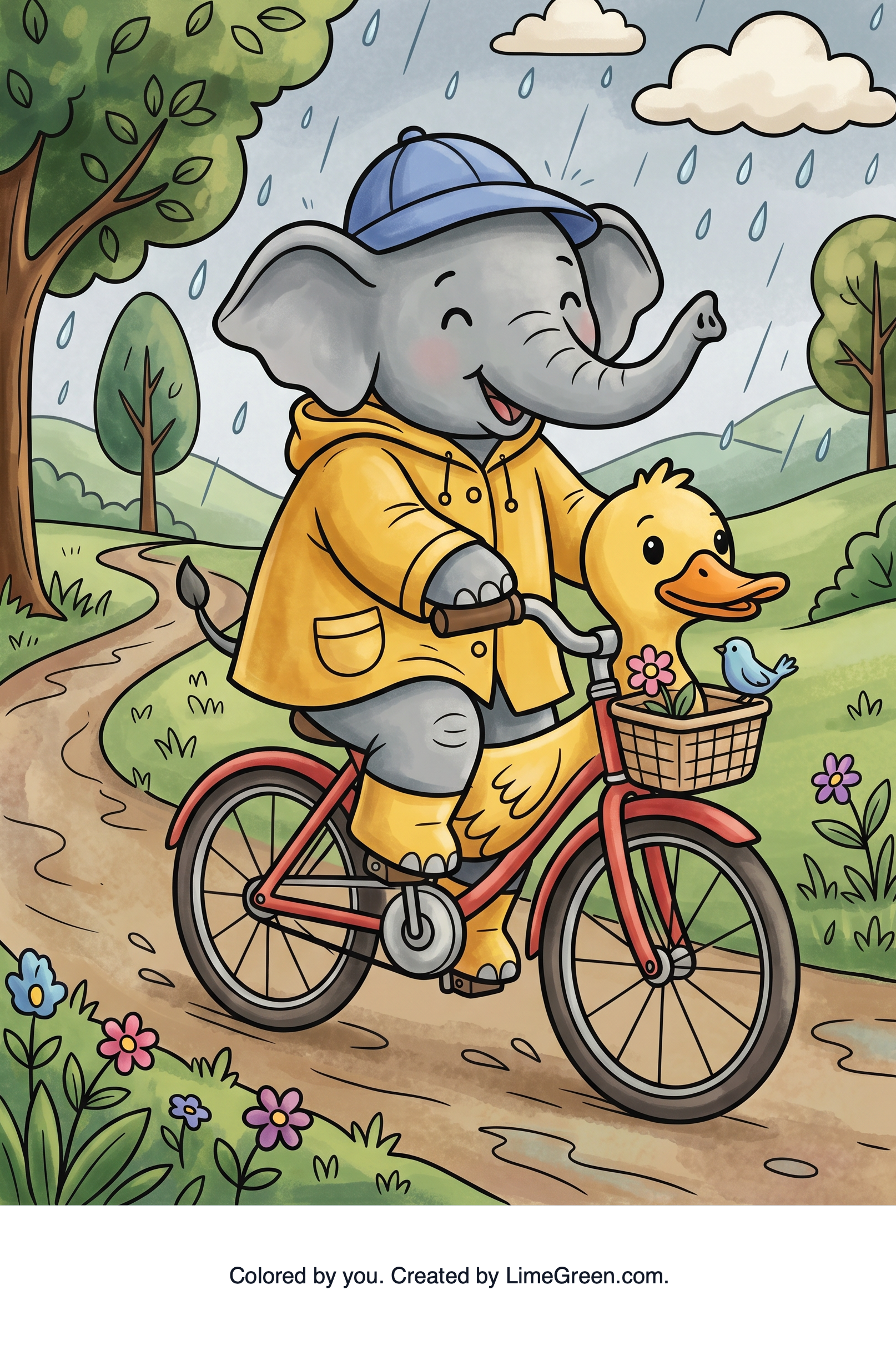 Colored preview of an elephant riding a bike that looks like a duck in the rain