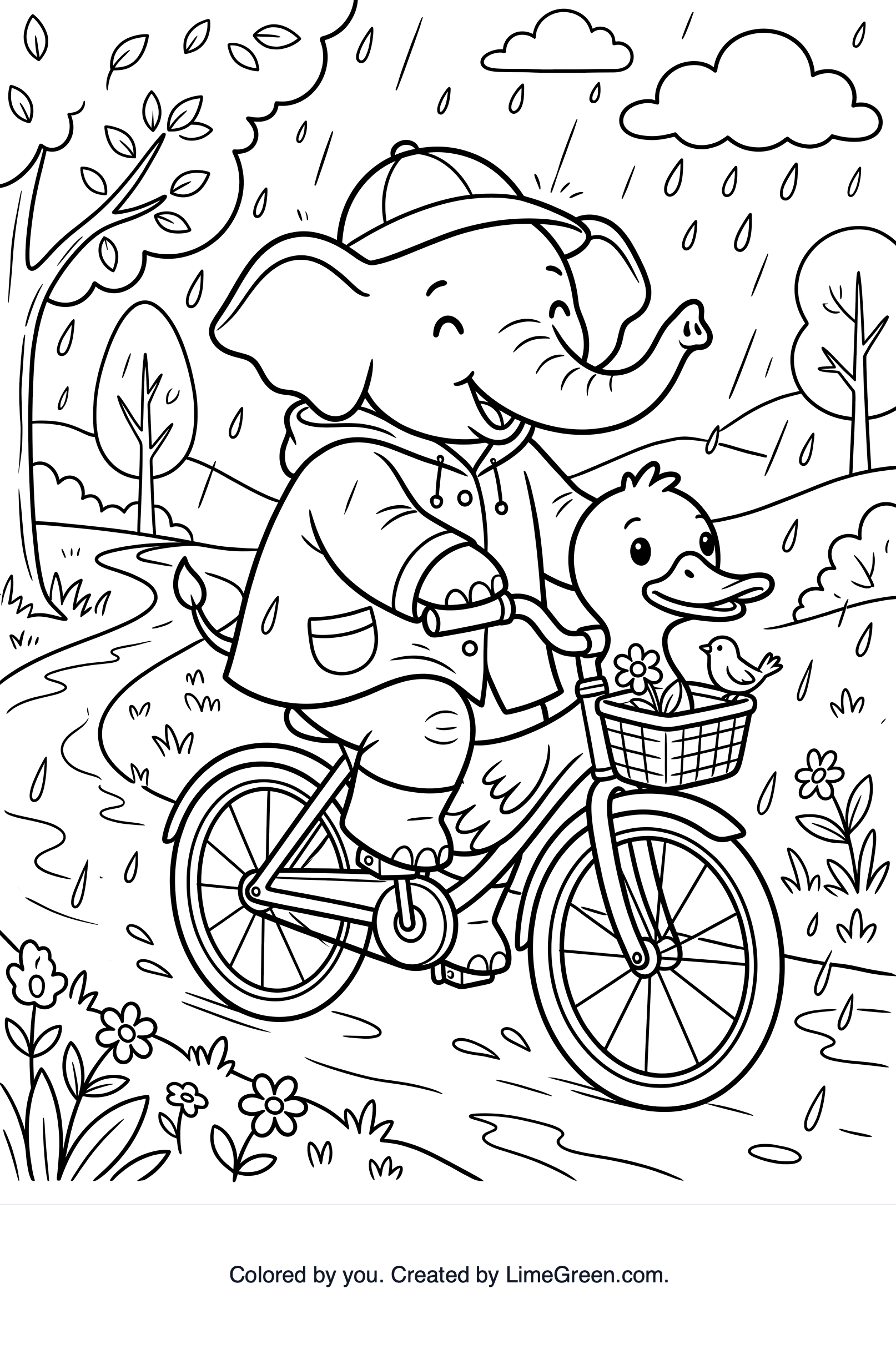 an elephant riding a bike that looks like a duck in the rain