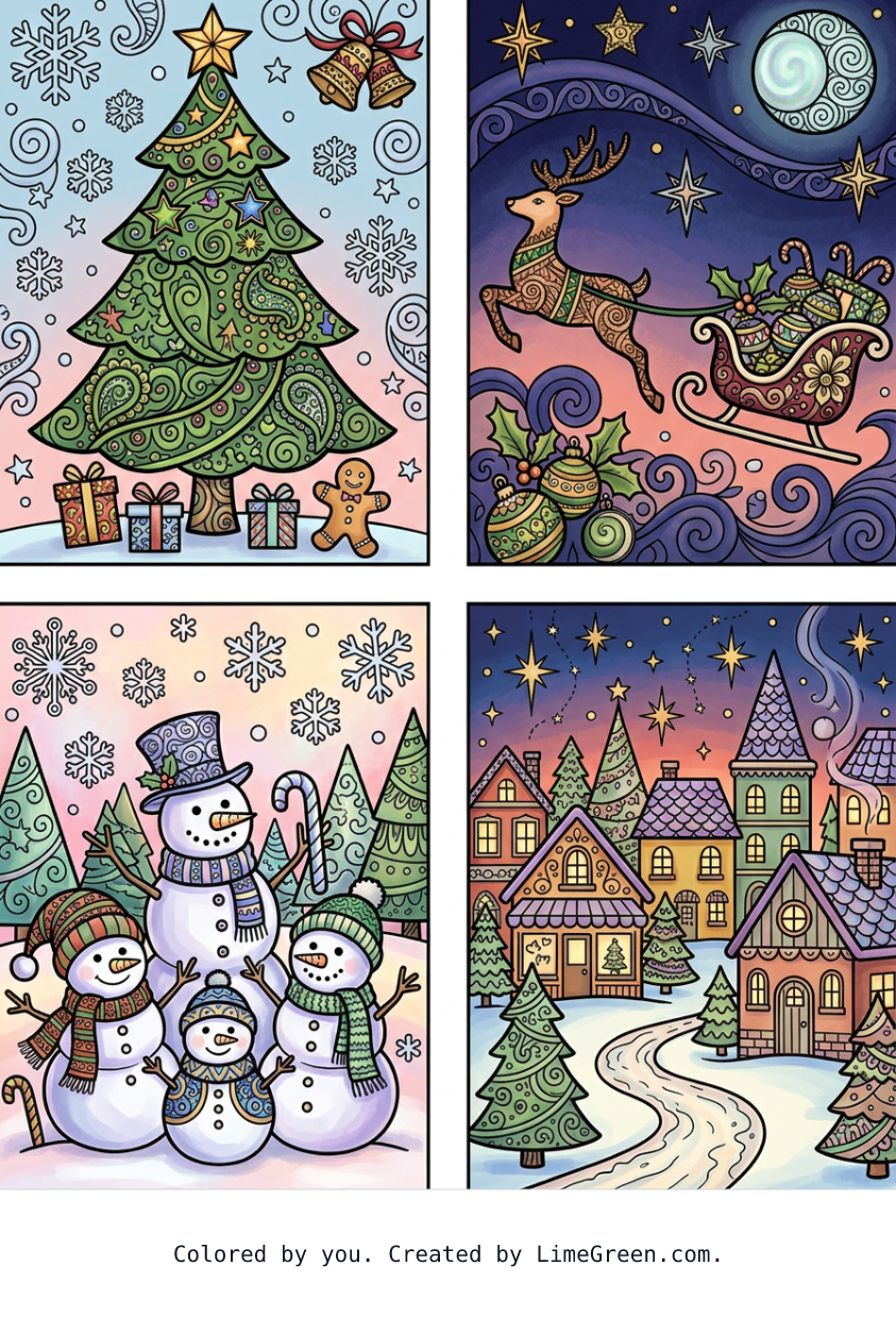 Colored preview of 4 separate photo style frames on a page, each with a unique zentangle christmas scenes