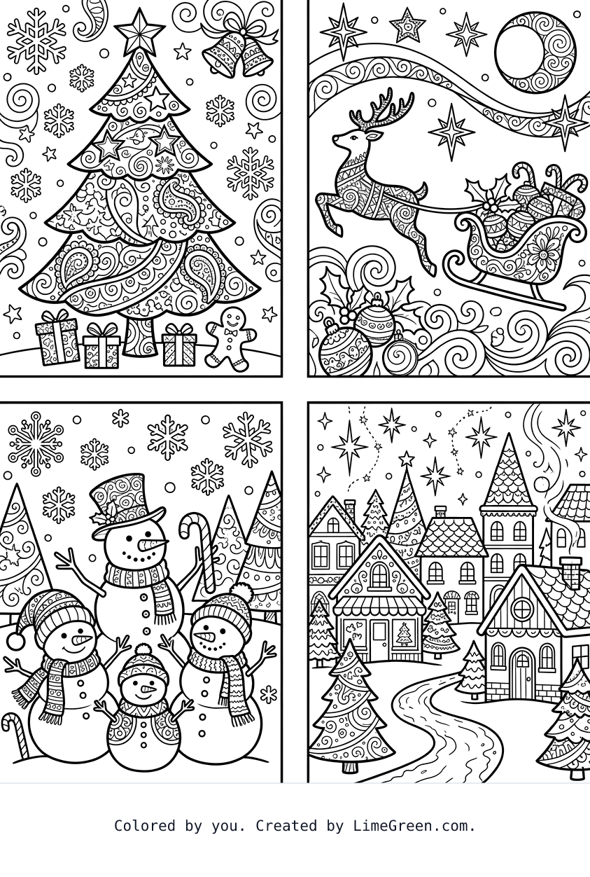4 separate photo style frames on a page, each with a unique zentangle christmas scenes