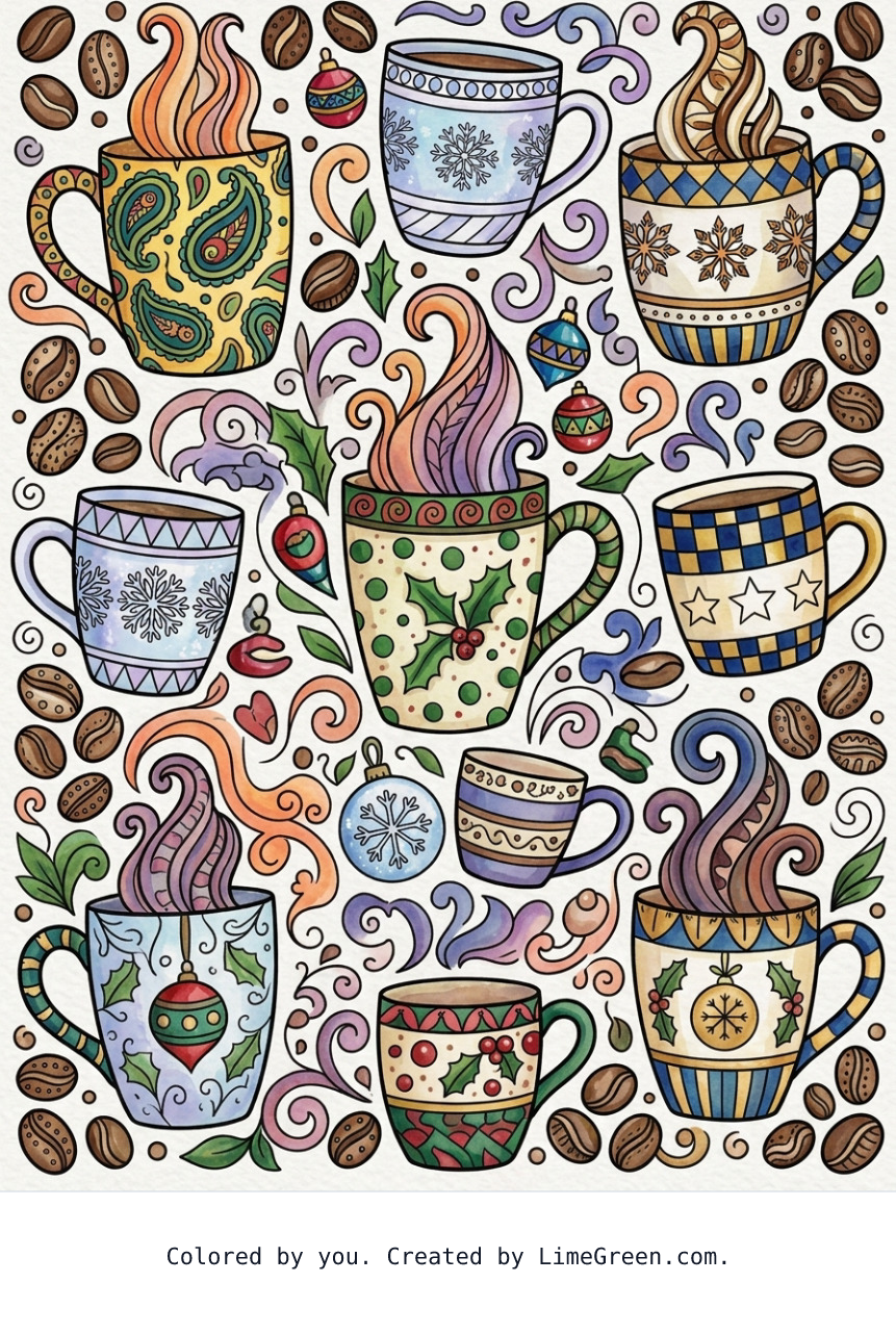 Colored preview of a zentangle style coloring page with holiday coffee mugs scattered around in different sizes, and coffee beans