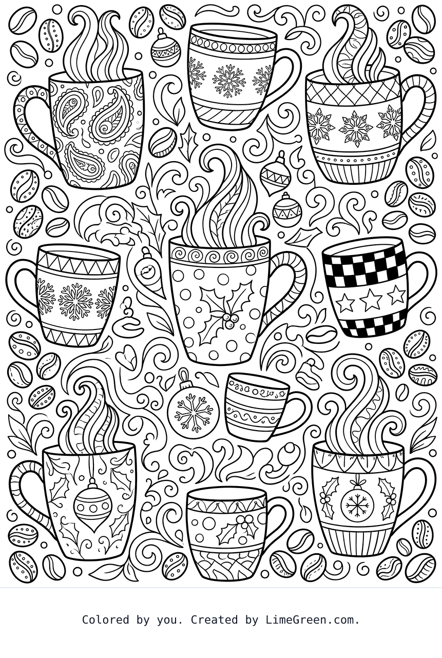 a zentangle style coloring page with holiday coffee mugs scattered around in different sizes, and coffee beans