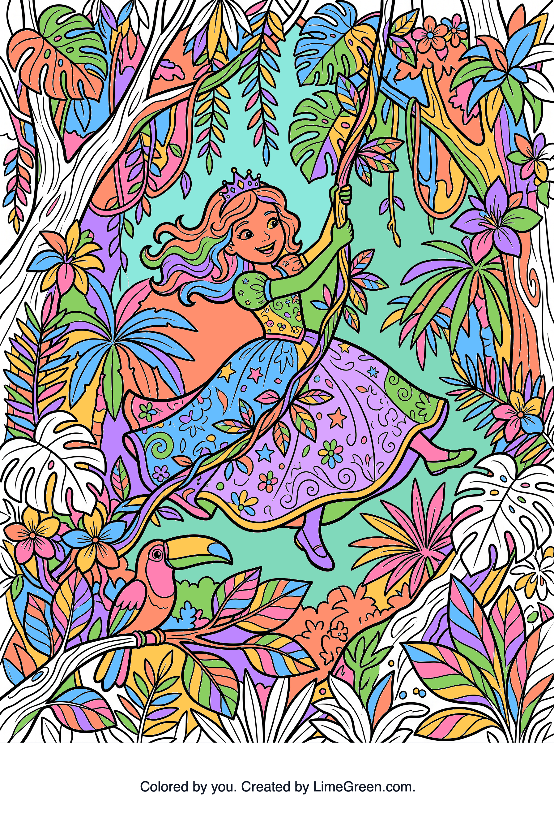Colored preview of A princess swinging from a vine in the jungle