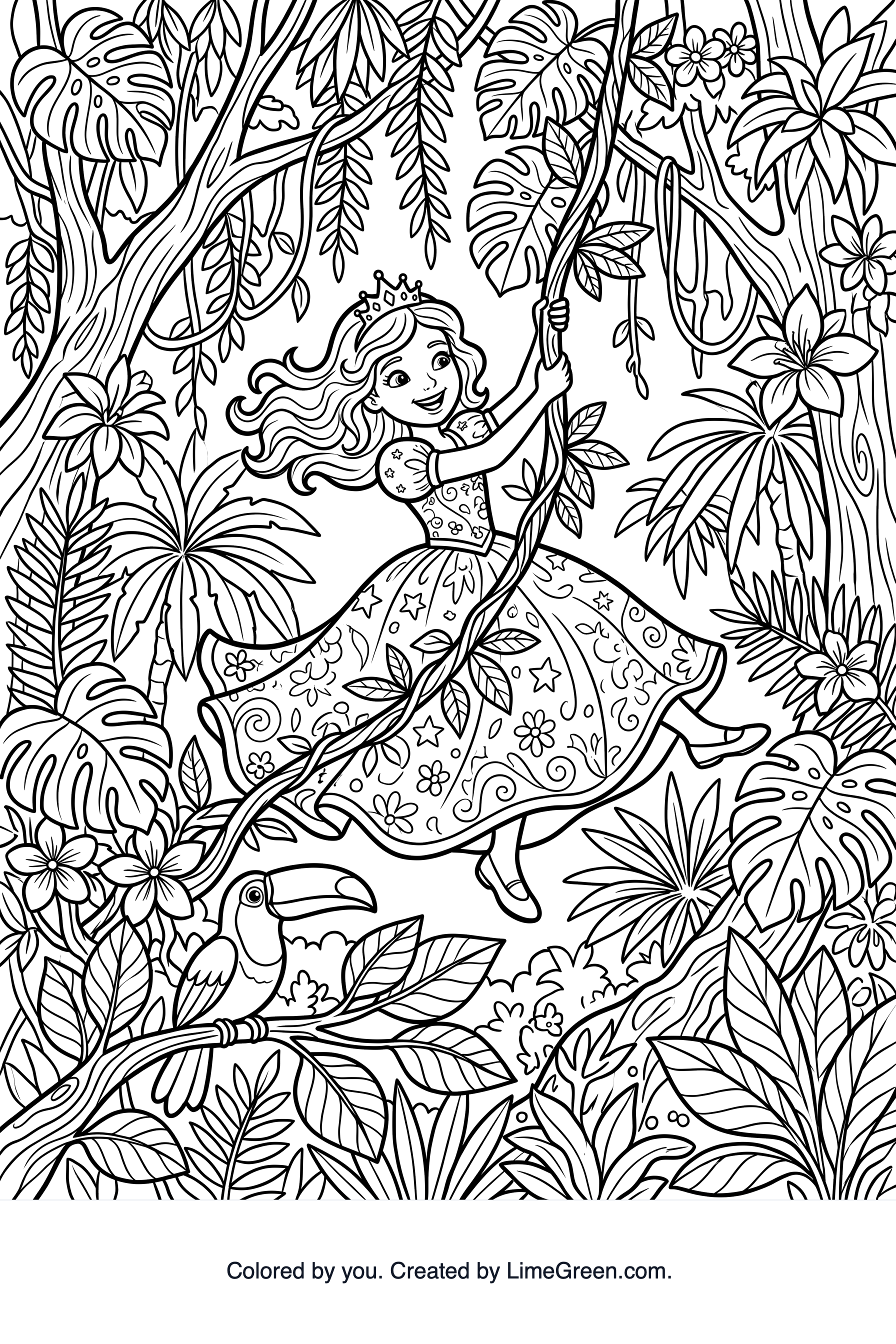 A princess swinging from a vine in the jungle