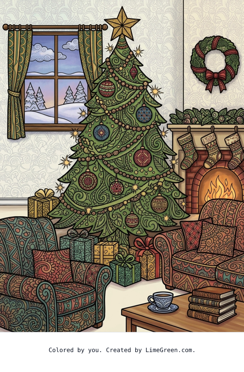 Colored preview of a zentangle style living room decorated with a christmas tree that has garland, lights, and ornaments