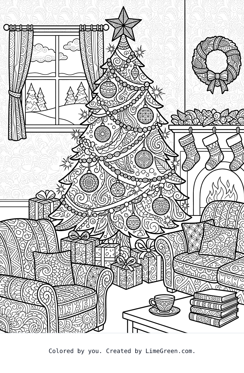 a zentangle style living room decorated with a christmas tree that has garland, lights, and ornaments
