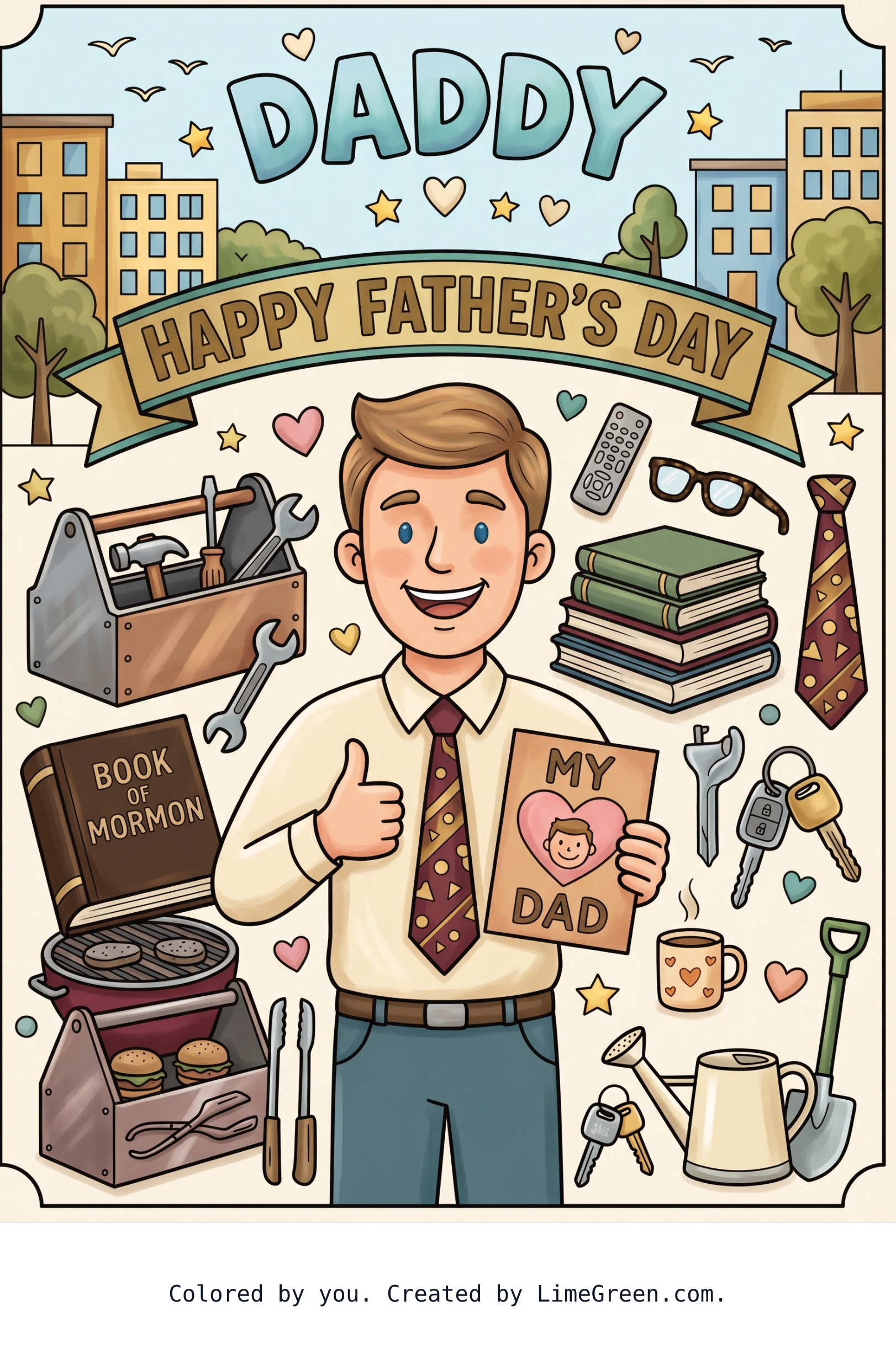 Colored preview of Happy father's day book of mormon dad with a tie items dad would use around the house