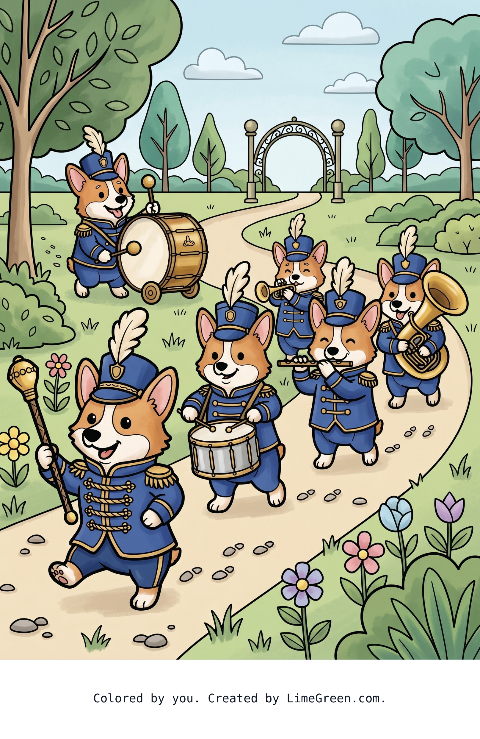 Colored preview of A marching band of corgis