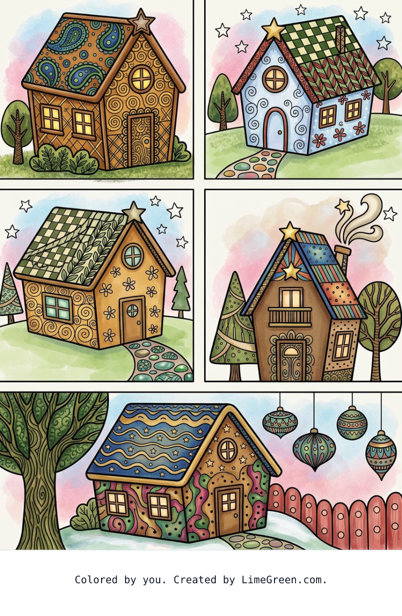 Colored preview of 4 separate frames on a page, each with a unique zentangle gingerbread house