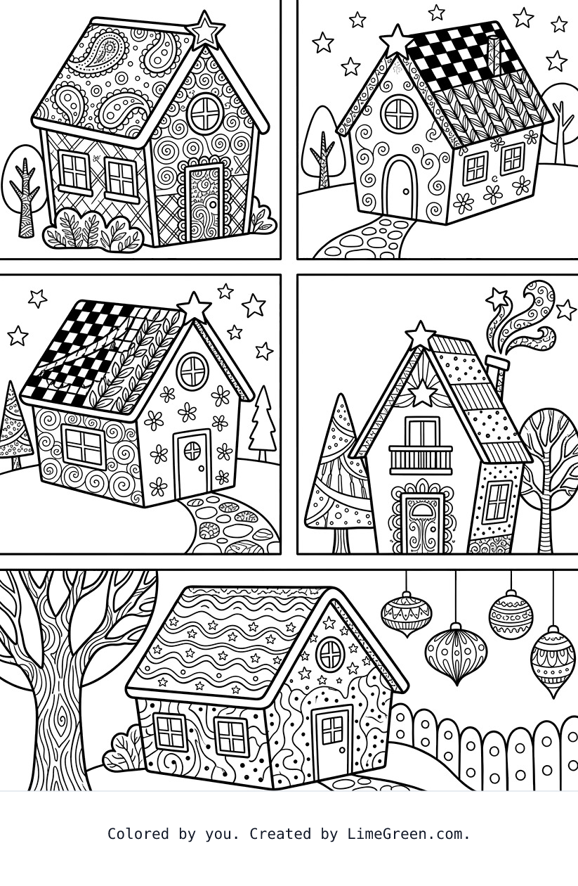 4 separate frames on a page, each with a unique zentangle gingerbread house