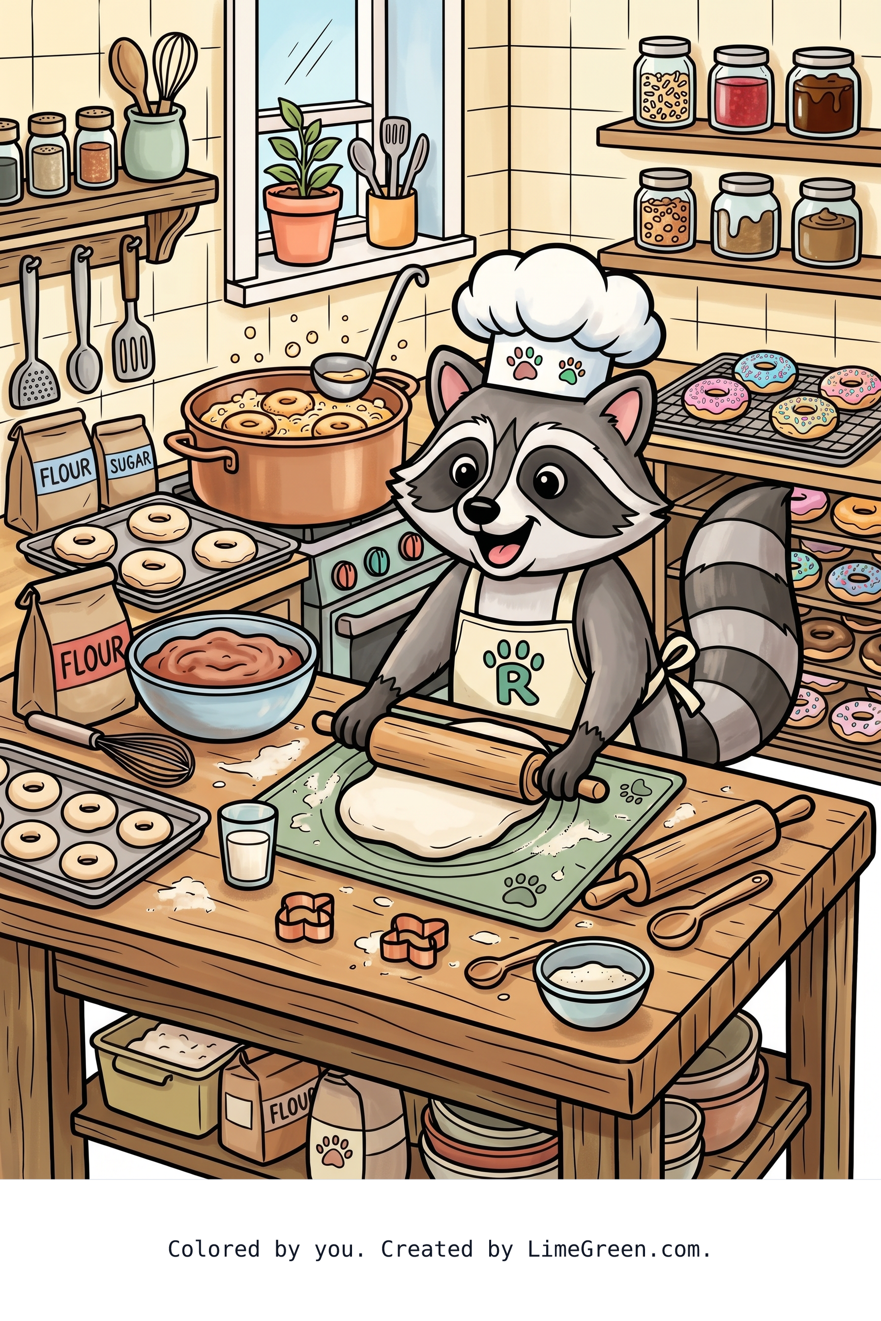 Colored preview of A racoon making donuts