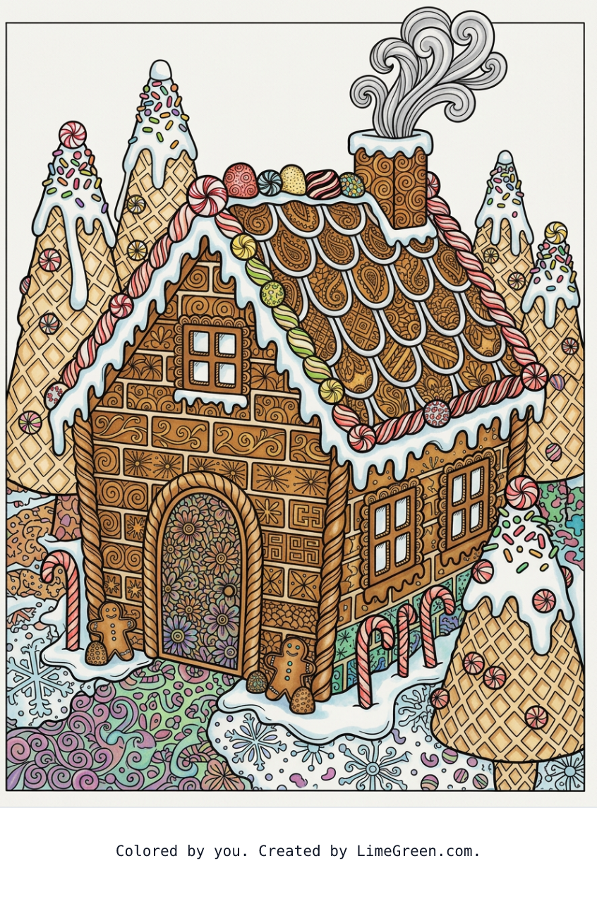 Colored preview of a zentangle style coloring page with a gingerbread house frosted and covered with candy. It should have upside down waffle cones frosted to be trees with little ball decors and sprinkles.