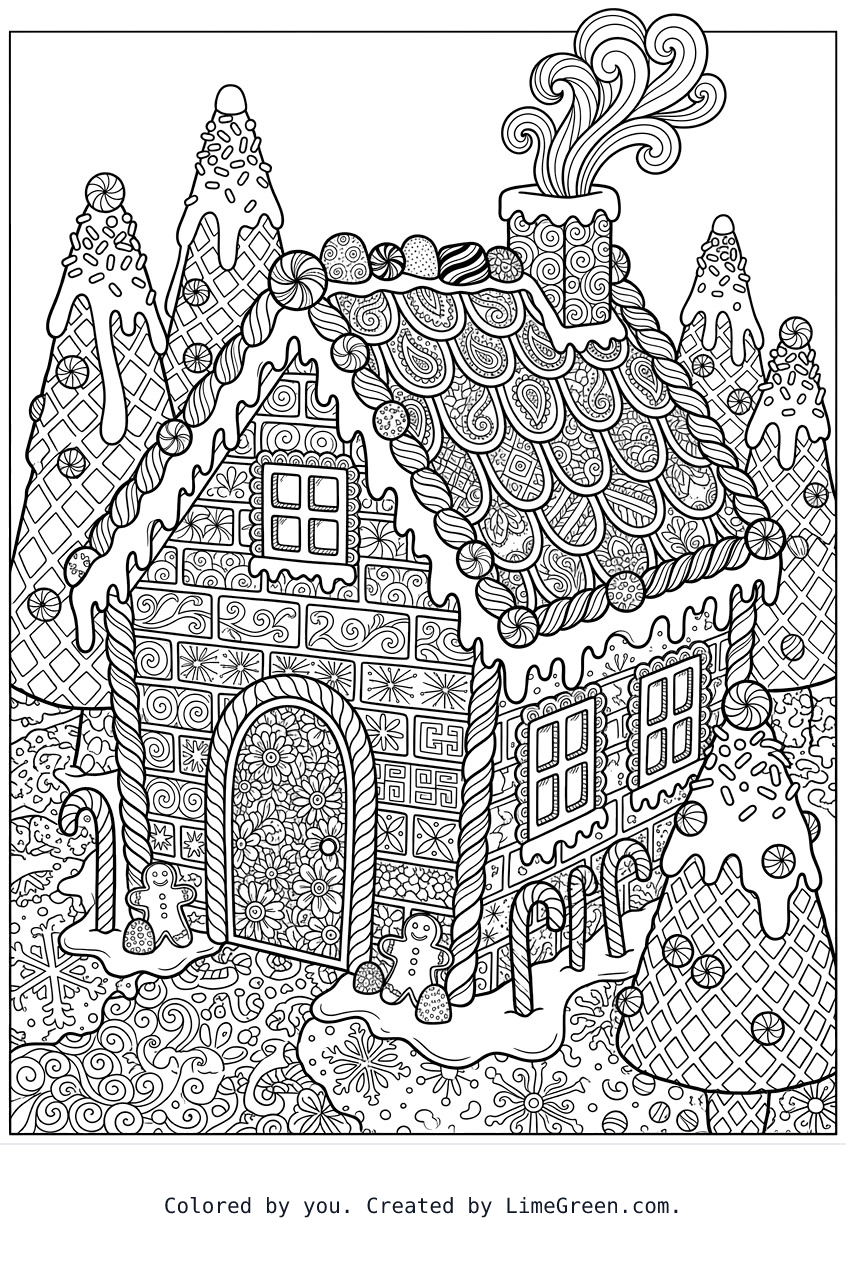 a zentangle style coloring page with a gingerbread house frosted and covered with candy. It should have upside down waffle cones frosted to be trees with little ball decors and sprinkles.